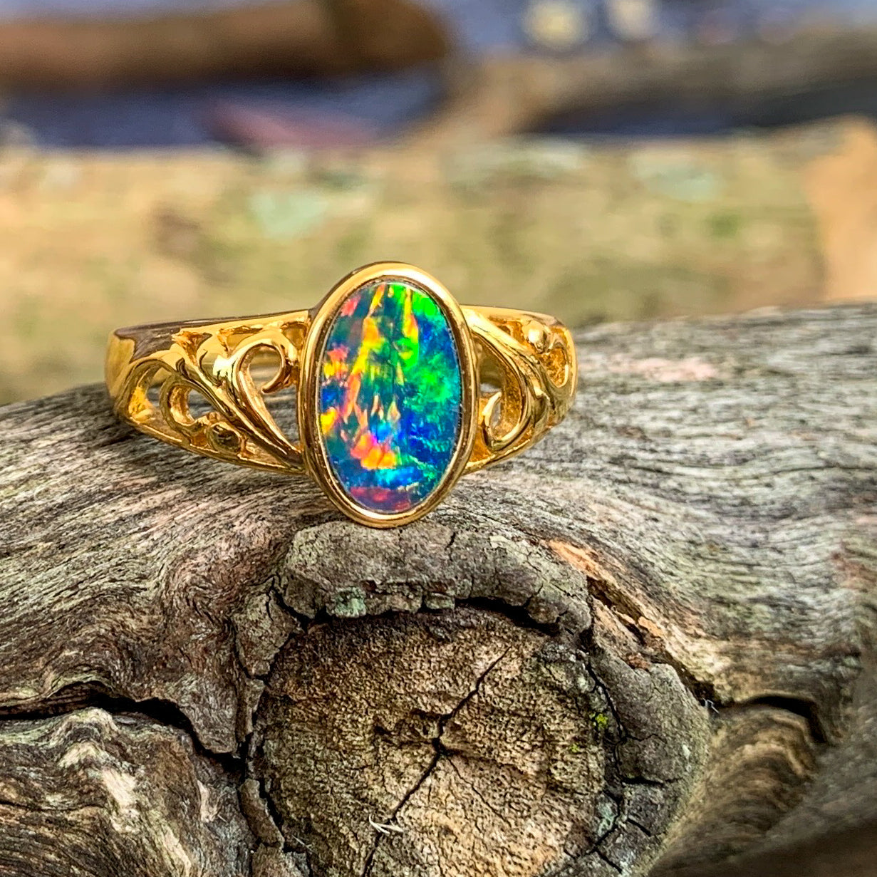 Gold Plated Silver patterned Oval Opal doublet ring - Masterpiece Jewellery Opal & Gems Sydney Australia | Online Shop