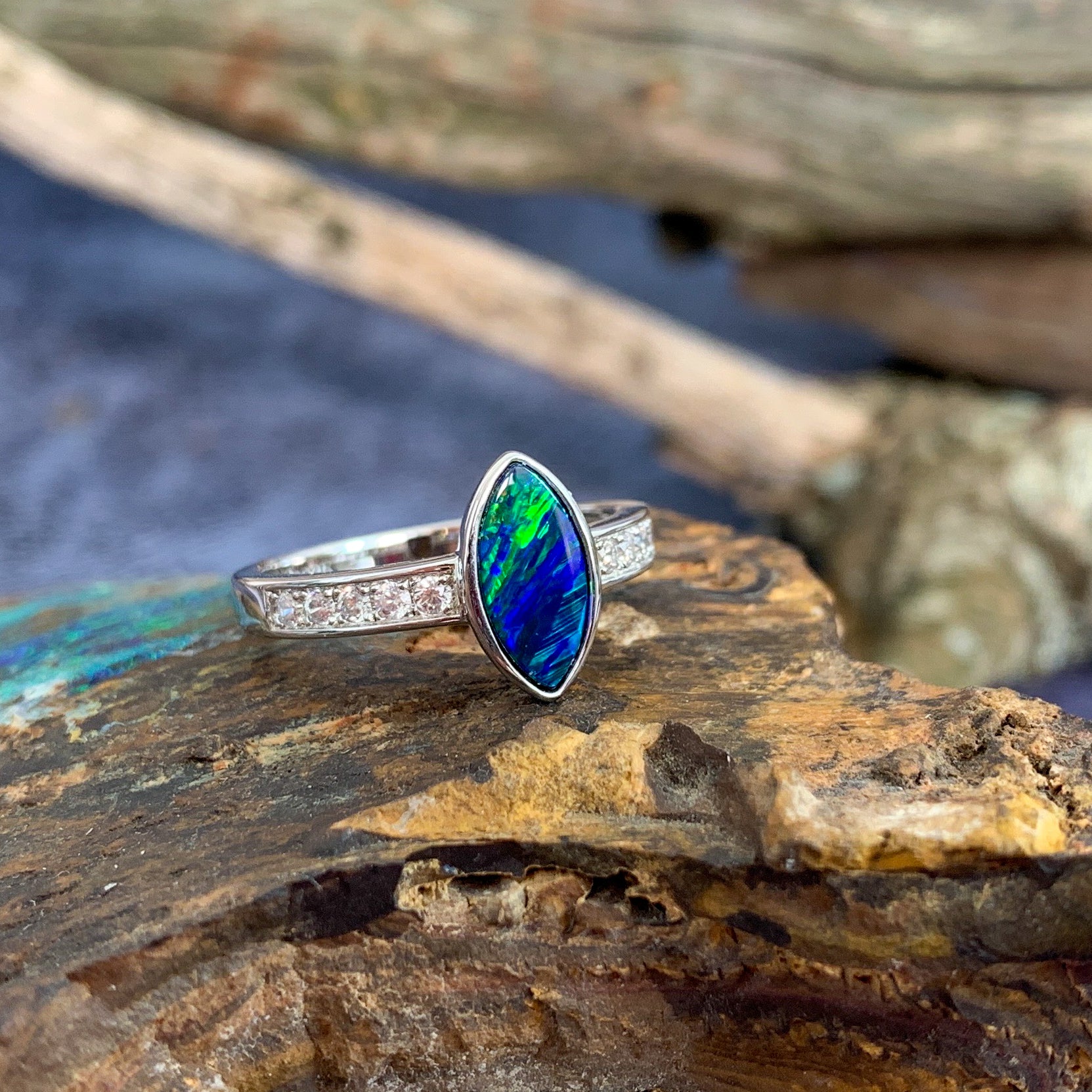 Sterling Silver Marquise shape Opal doublet and cubic zirconia ring - Masterpiece Jewellery Opal & Gems Sydney Australia | Online Shop