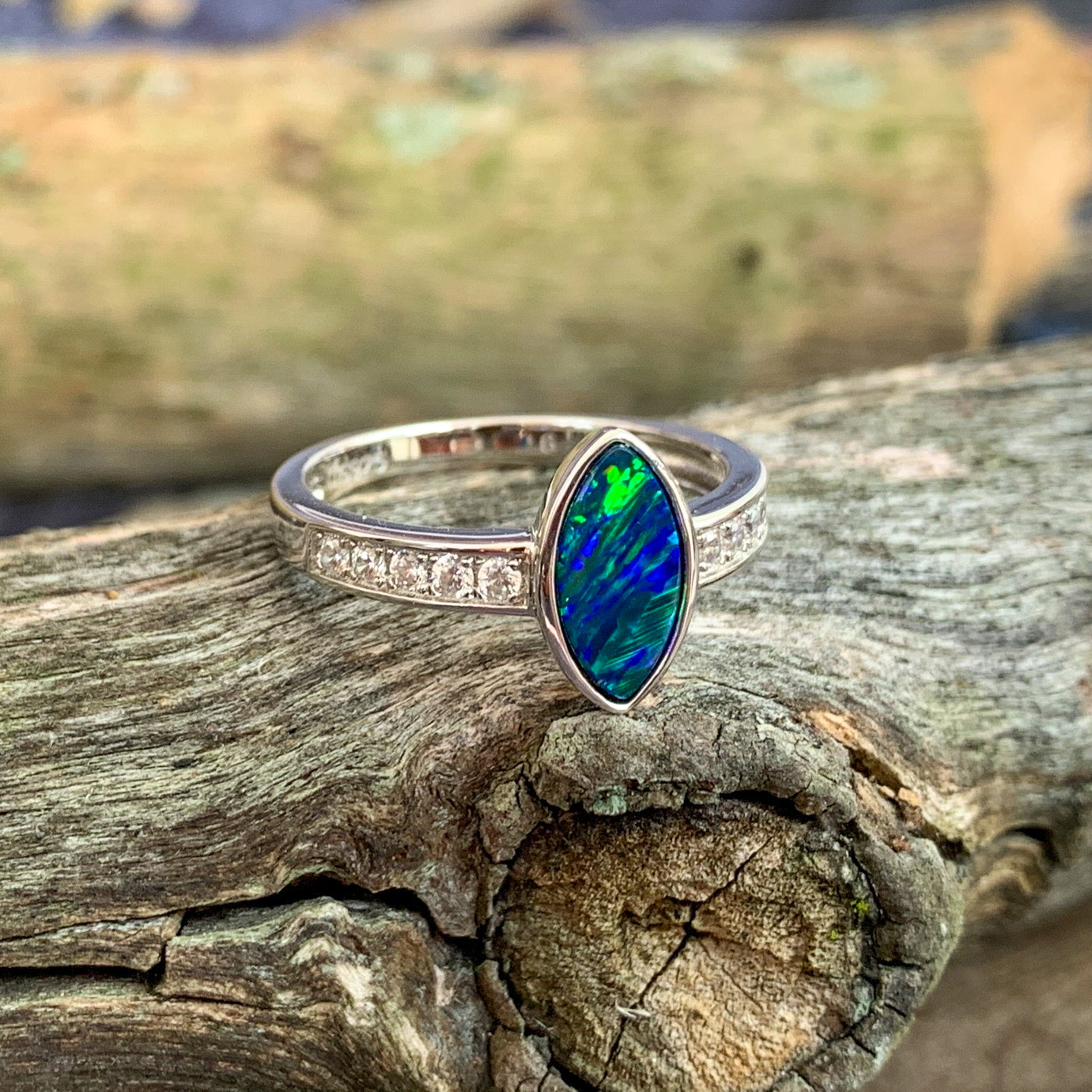 Sterling Silver Marquise shape Opal doublet and cubic zirconia ring - Masterpiece Jewellery Opal & Gems Sydney Australia | Online Shop