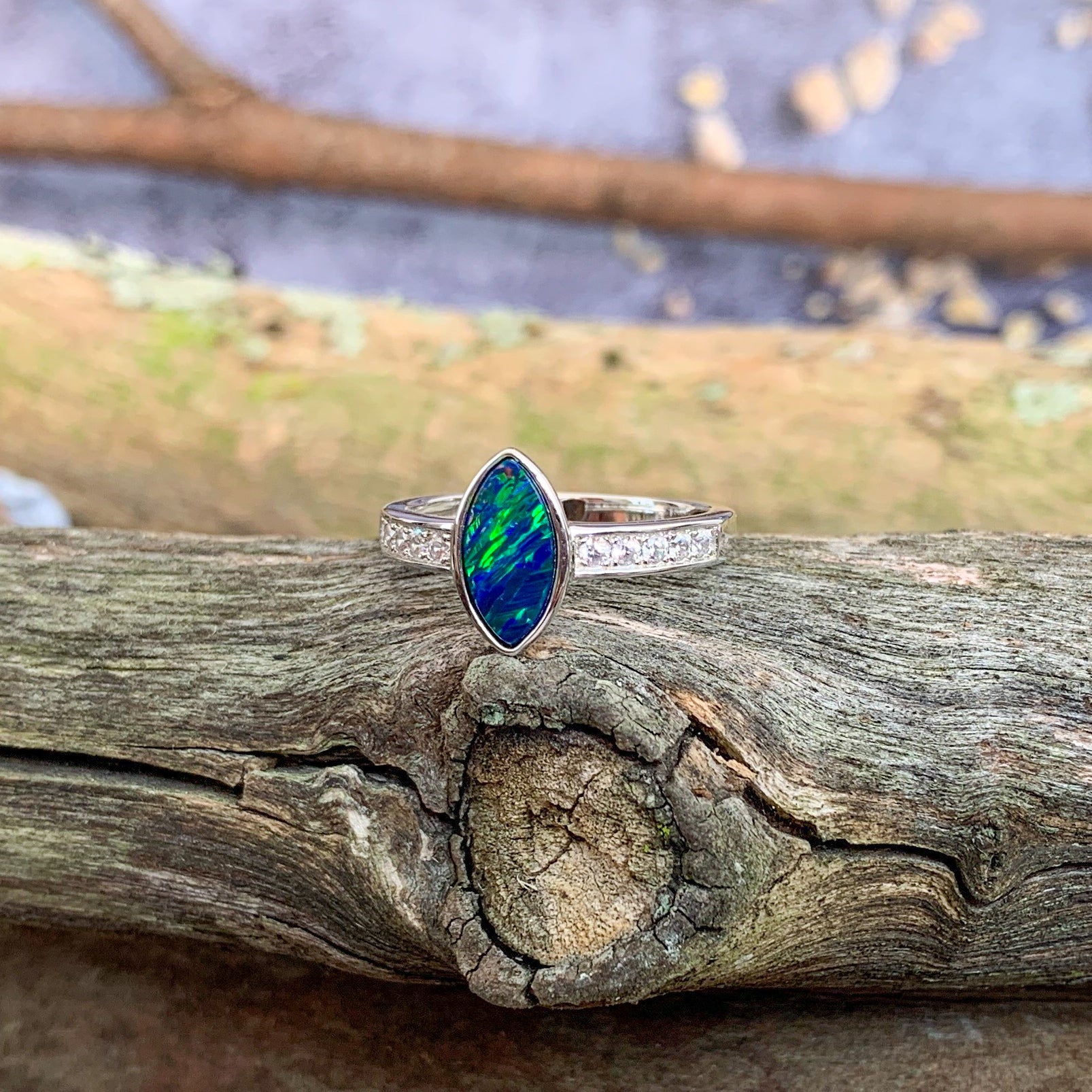 Sterling Silver Marquise shape Opal doublet and cubic zirconia ring - Masterpiece Jewellery Opal & Gems Sydney Australia | Online Shop