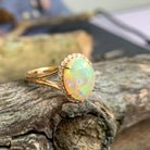 18kt Yellow gold halo cluster Light Opal and diamond opal enagagement ring - Masterpiece Jewellery Opal & Gems Sydney Australia | Online Shop