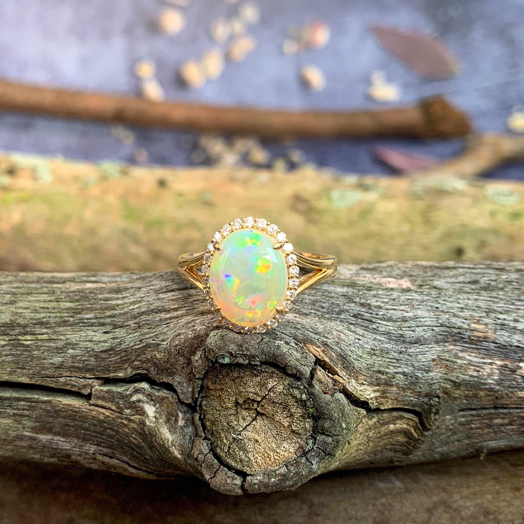 18kt Yellow gold halo cluster Light Opal and diamond opal enagagement ring - Masterpiece Jewellery Opal & Gems Sydney Australia | Online Shop