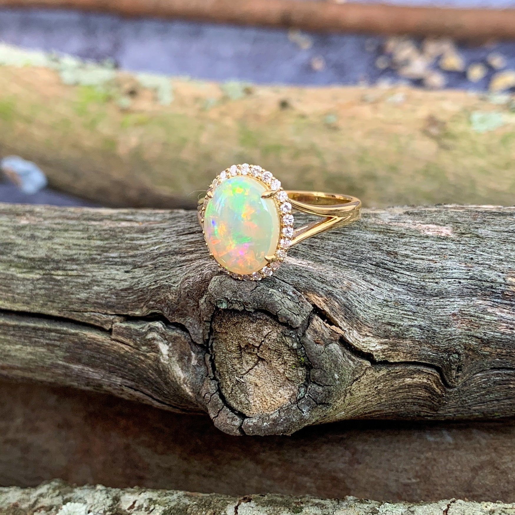 18kt Yellow gold halo cluster Light Opal and diamond opal enagagement ring - Masterpiece Jewellery Opal & Gems Sydney Australia | Online Shop