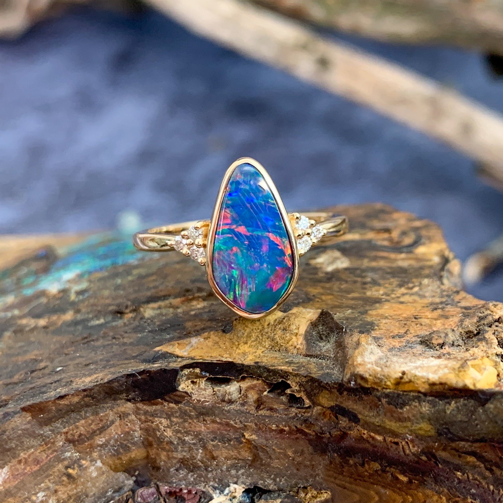 14kt Yellow Gold Opal doublet red flash with diamonds ring - Masterpiece Jewellery Opal & Gems Sydney Australia | Online Shop