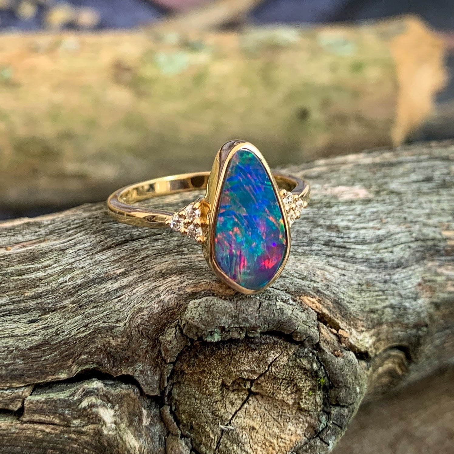 14kt Yellow Gold Opal doublet red flash with diamonds ring - Masterpiece Jewellery Opal & Gems Sydney Australia | Online Shop
