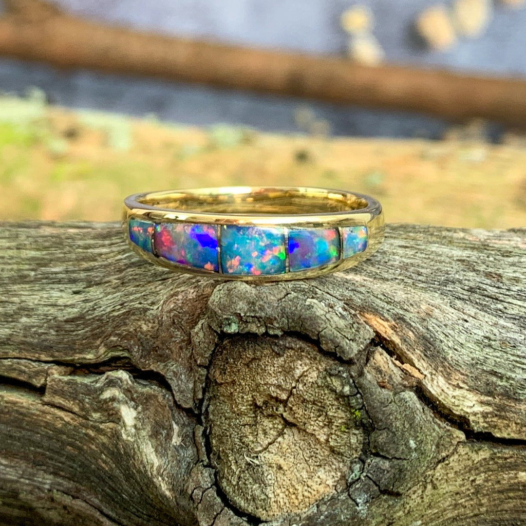 14kt Yellow Gold Fire Opal red blue inlay ring - Masterpiece Jewellery Opal & Gems Sydney Australia | Online Shop