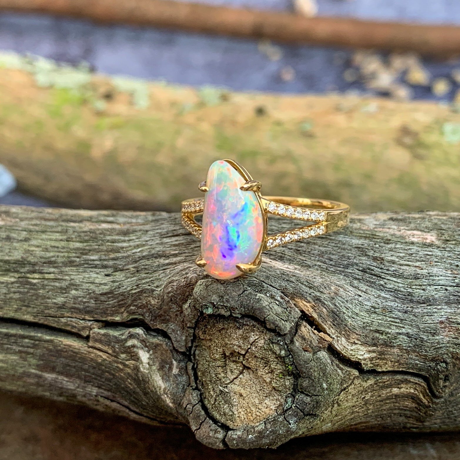 One 18kt Yellow Gold freeform Red Light Opal and diamond split shank ring - Masterpiece Jewellery Opal & Gems Sydney Australia | Online Shop