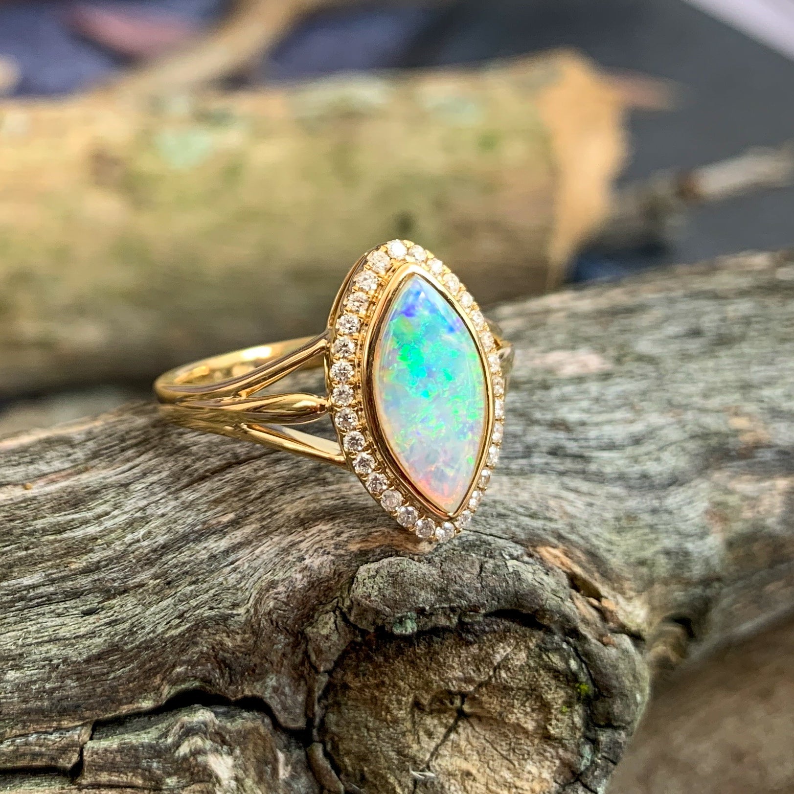 18kt Yellow Gold marquise Light Opal halo Opal engagement ring - Masterpiece Jewellery Opal & Gems Sydney Australia | Online Shop