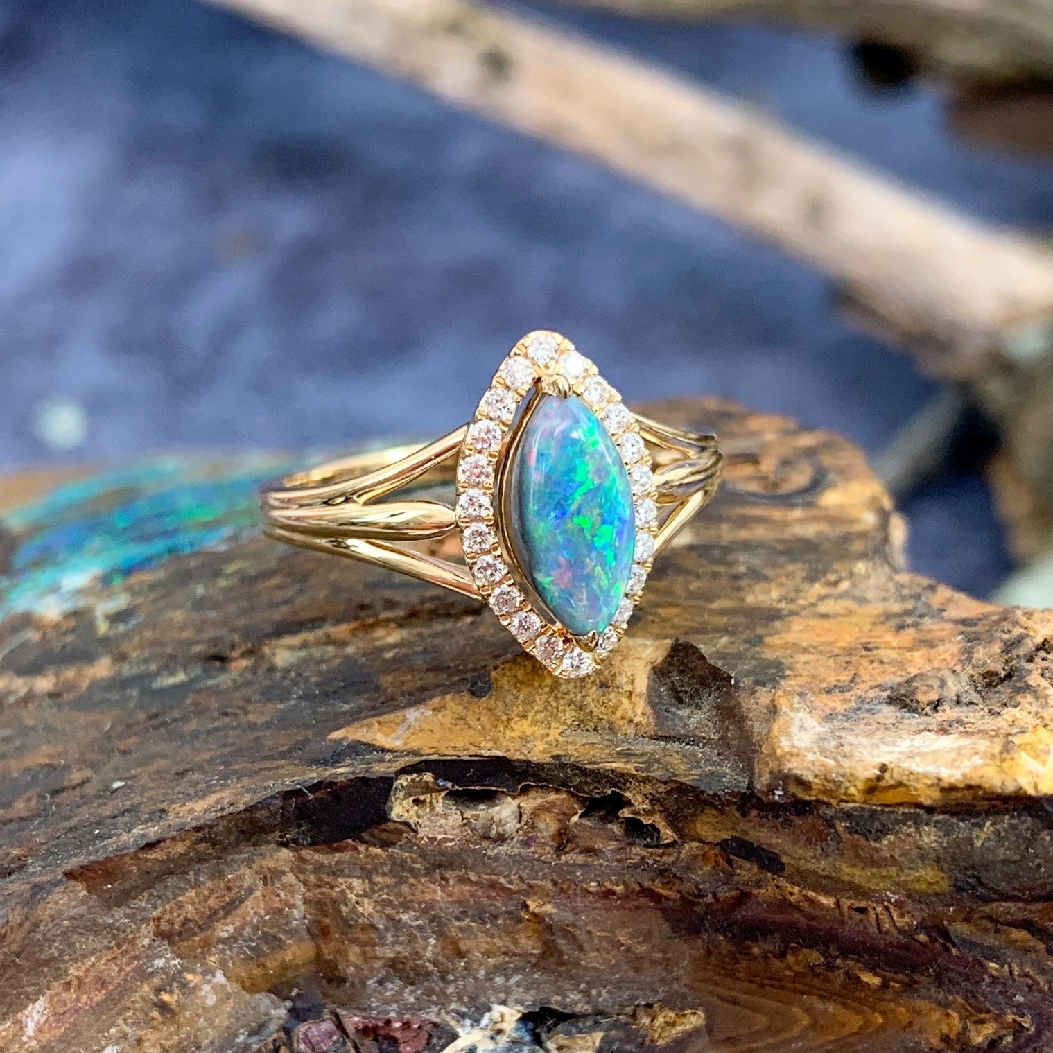 18kt Yellow Gold marquise shape cluster and Black Opal ring - Masterpiece Jewellery Opal & Gems Sydney Australia | Online Shop