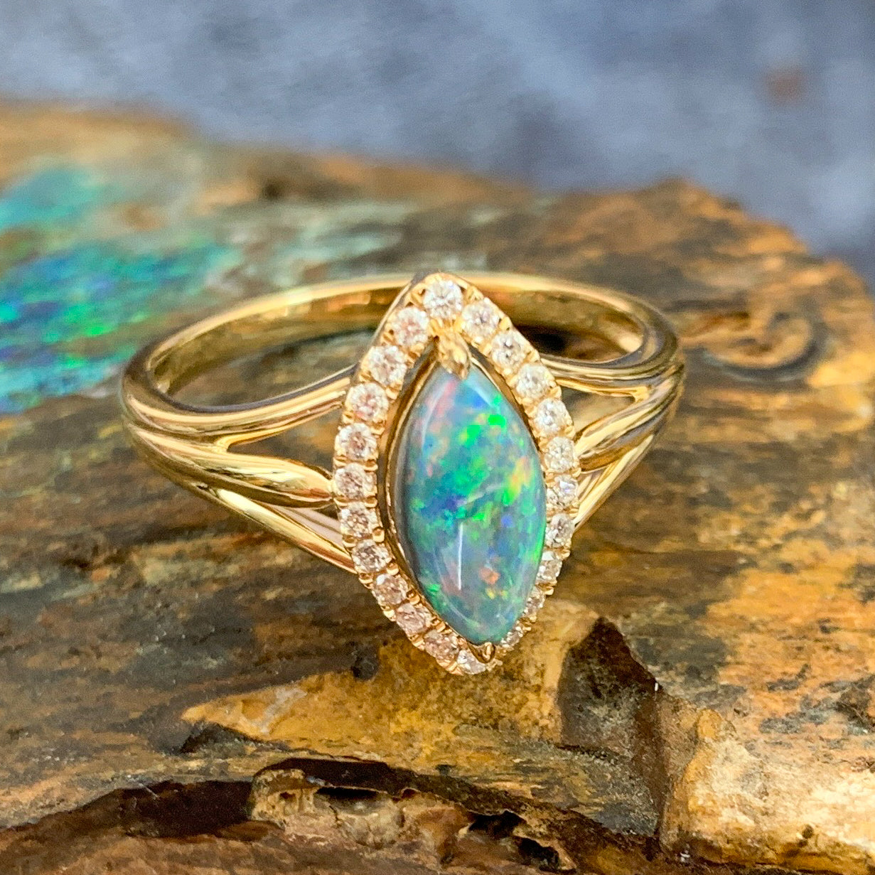 18kt Yellow Gold marquise shape cluster and Black Opal ring - Masterpiece Jewellery Opal & Gems Sydney Australia | Online Shop