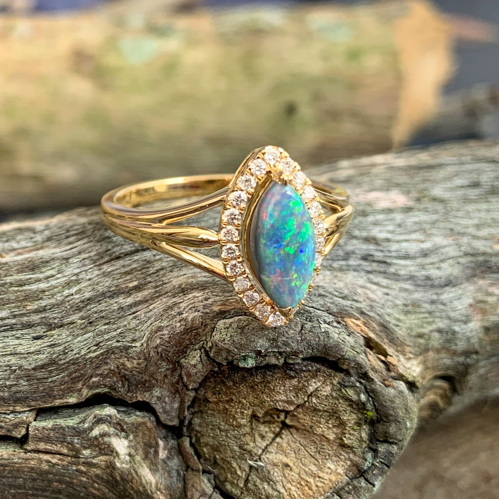 18kt Yellow Gold marquise shape cluster and Black Opal ring - Masterpiece Jewellery Opal & Gems Sydney Australia | Online Shop