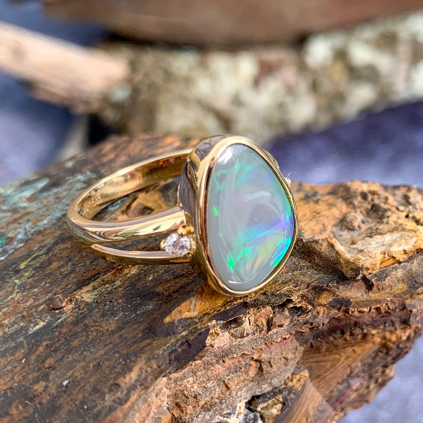 14kt Yellow Gold Black Opal with diamonds ring traingular shape - Masterpiece Jewellery Opal & Gems Sydney Australia | Online Shop