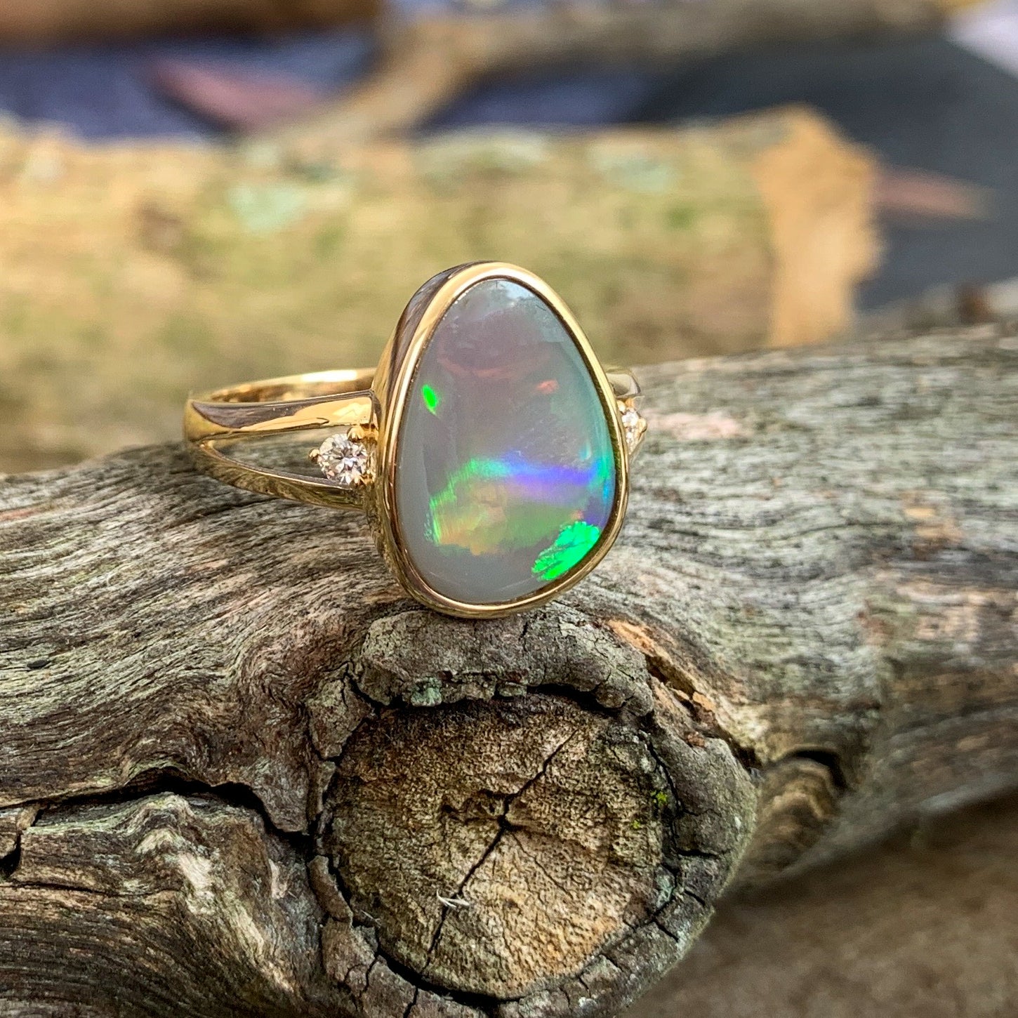 14kt Yellow Gold Black Opal with diamonds ring traingular shape - Masterpiece Jewellery Opal & Gems Sydney Australia | Online Shop