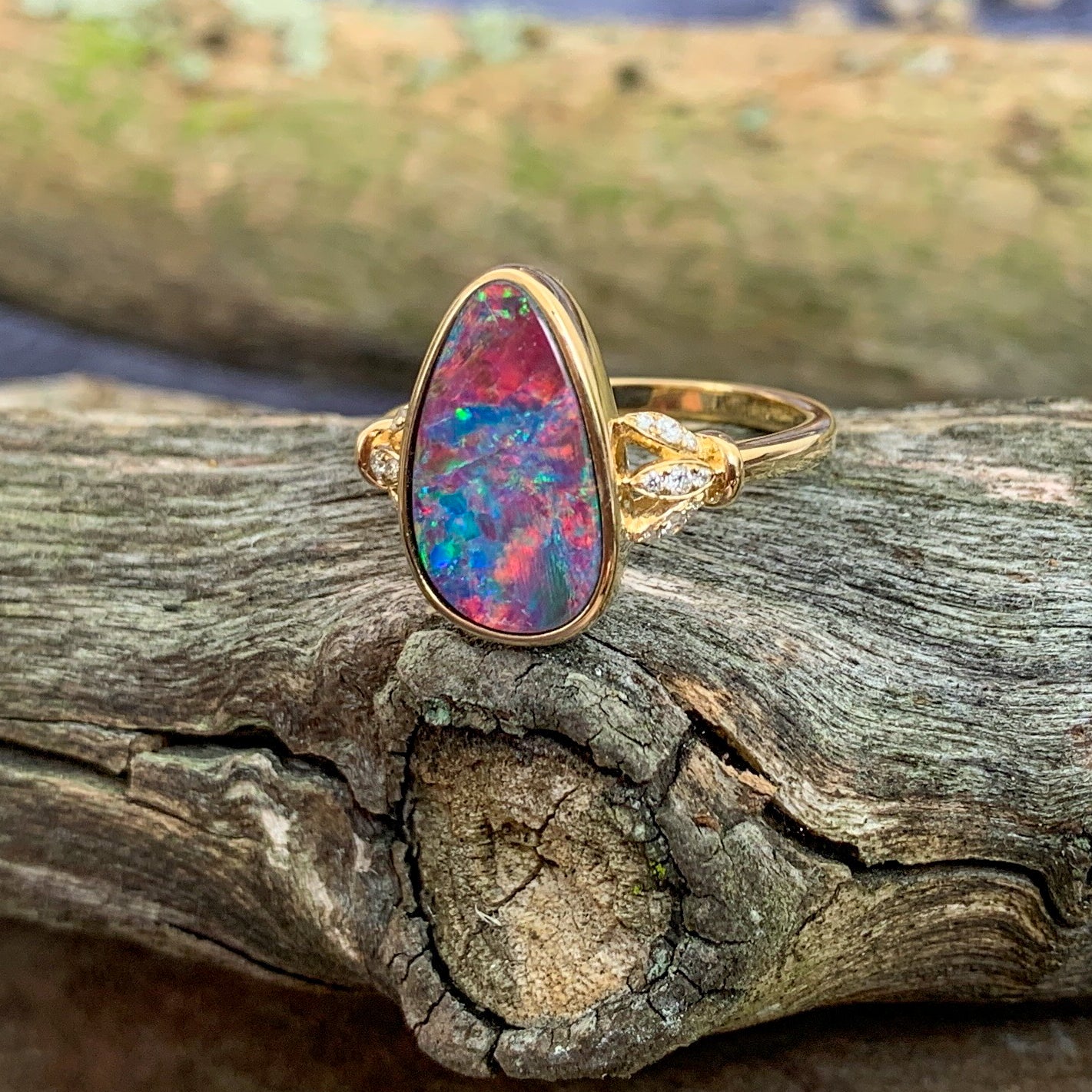 14kt Yellow Gold Opal doublet red colour with diamonds ring - Masterpiece Jewellery Opal & Gems Sydney Australia | Online Shop