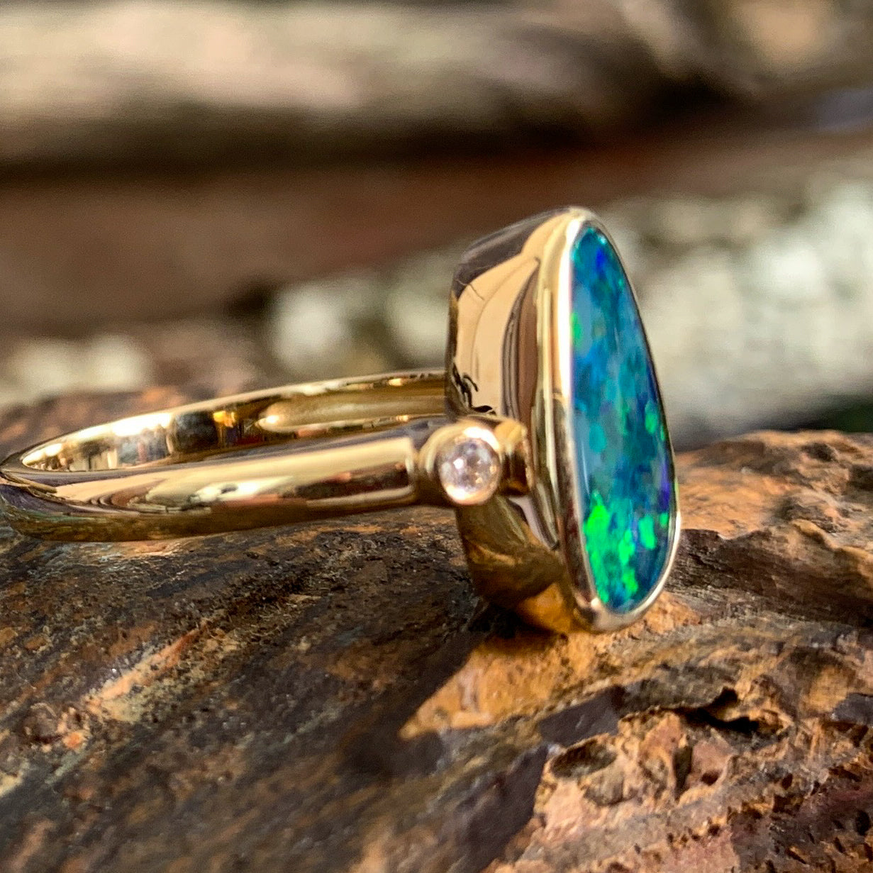 14kt Yellow Gold traingular Opal green blue doublet with diamonds ring - Masterpiece Jewellery Opal & Gems Sydney Australia | Online Shop