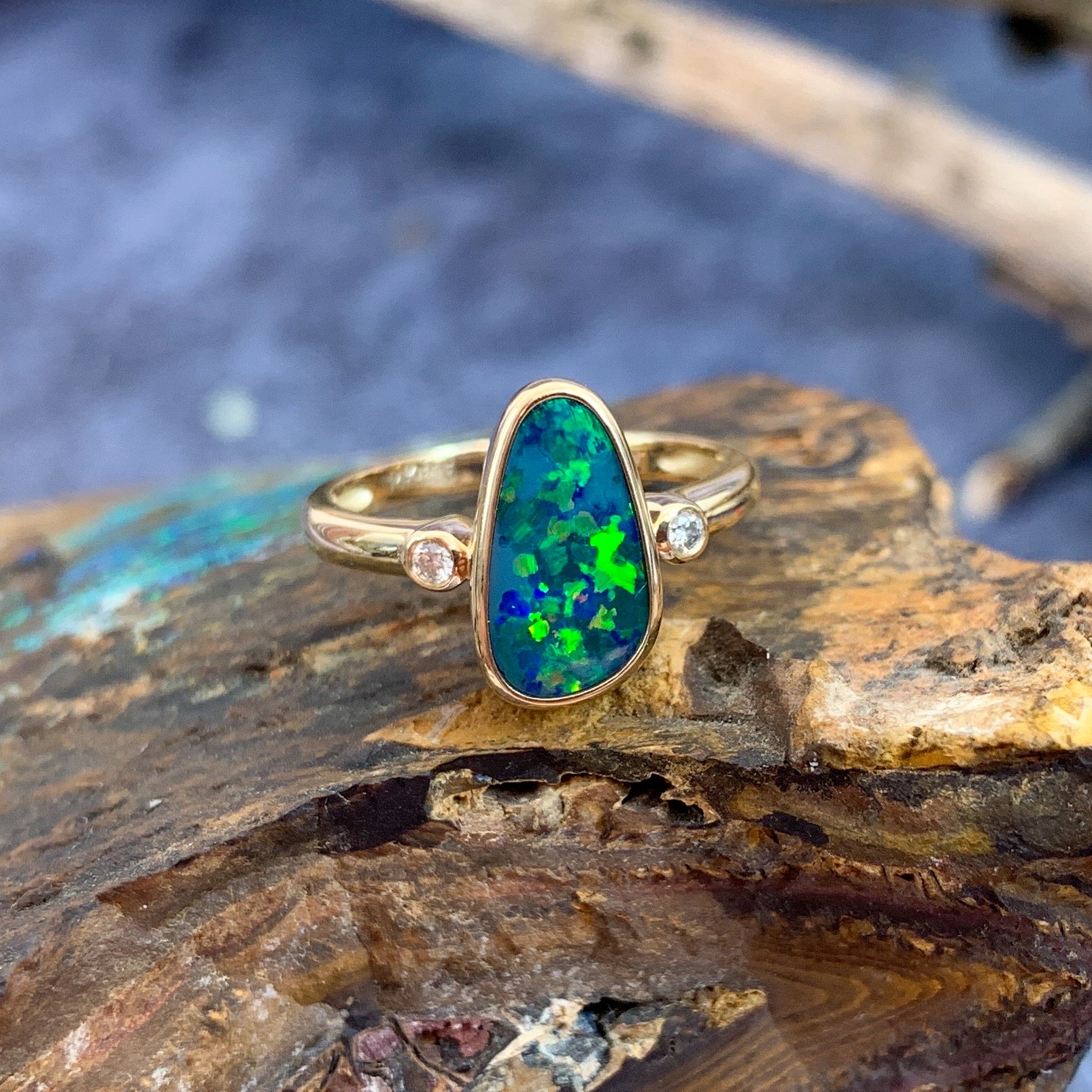 14kt Yellow Gold traingular Opal green blue doublet with diamonds ring - Masterpiece Jewellery Opal & Gems Sydney Australia | Online Shop