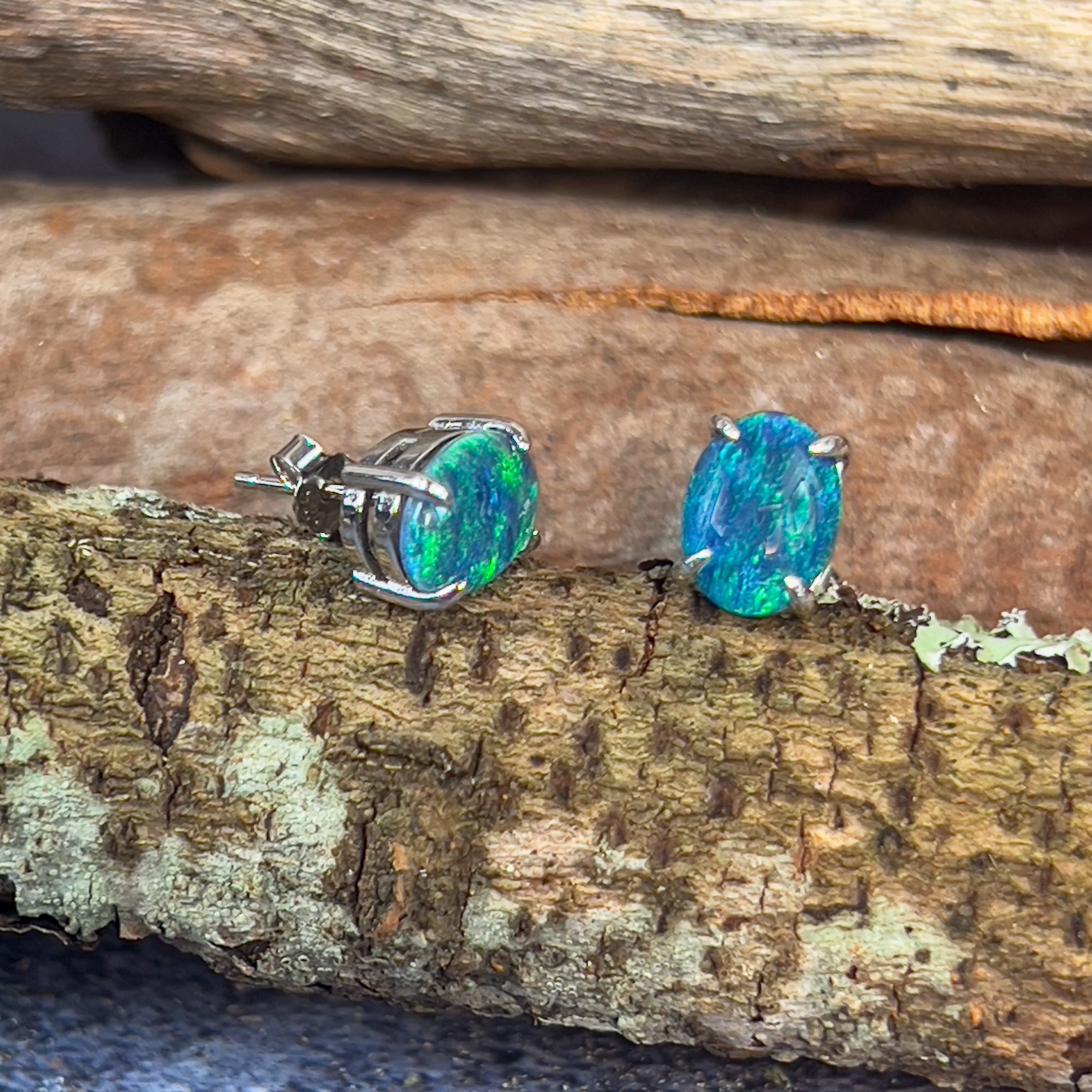 Pair of Sterling Silver 9x7mm Opal triplets claw set - Masterpiece Jewellery Opal & Gems Sydney Australia | Online Shop