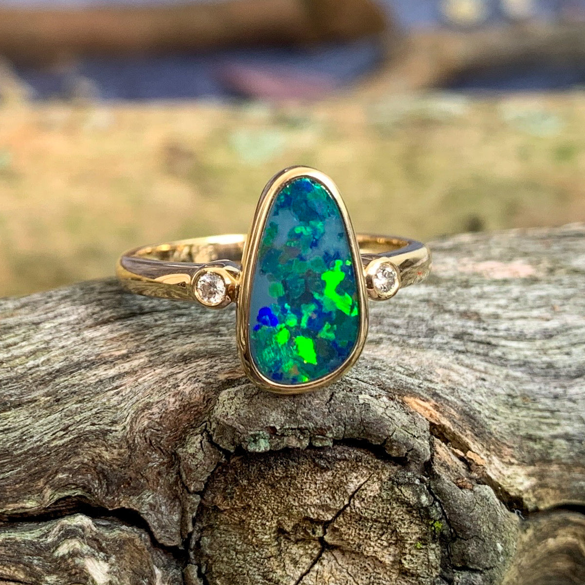14kt Yellow Gold traingular Opal green blue doublet with diamonds ring - Masterpiece Jewellery Opal & Gems Sydney Australia | Online Shop