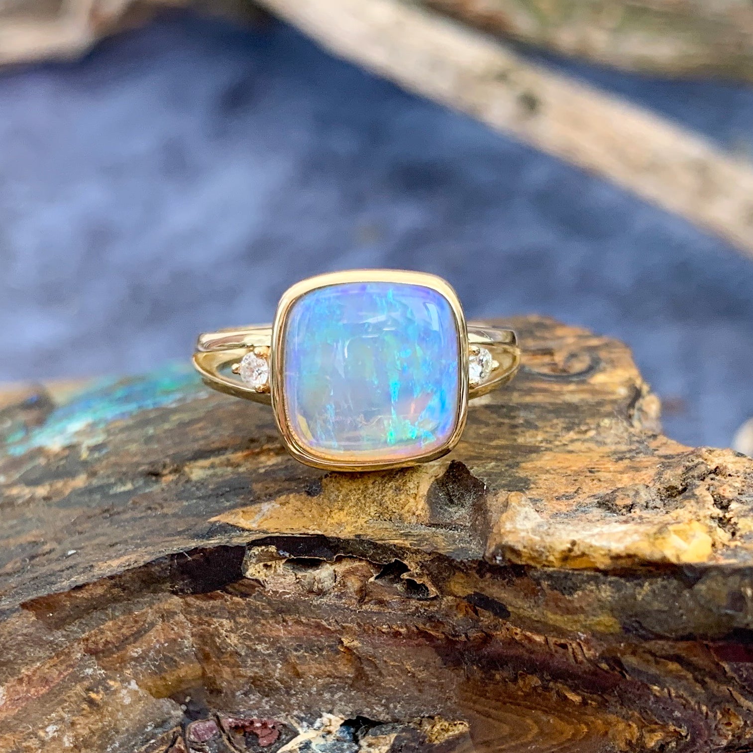 14kt Yellow Gold square Crystal Opal and diamond ring - Masterpiece Jewellery Opal & Gems Sydney Australia | Online Shop