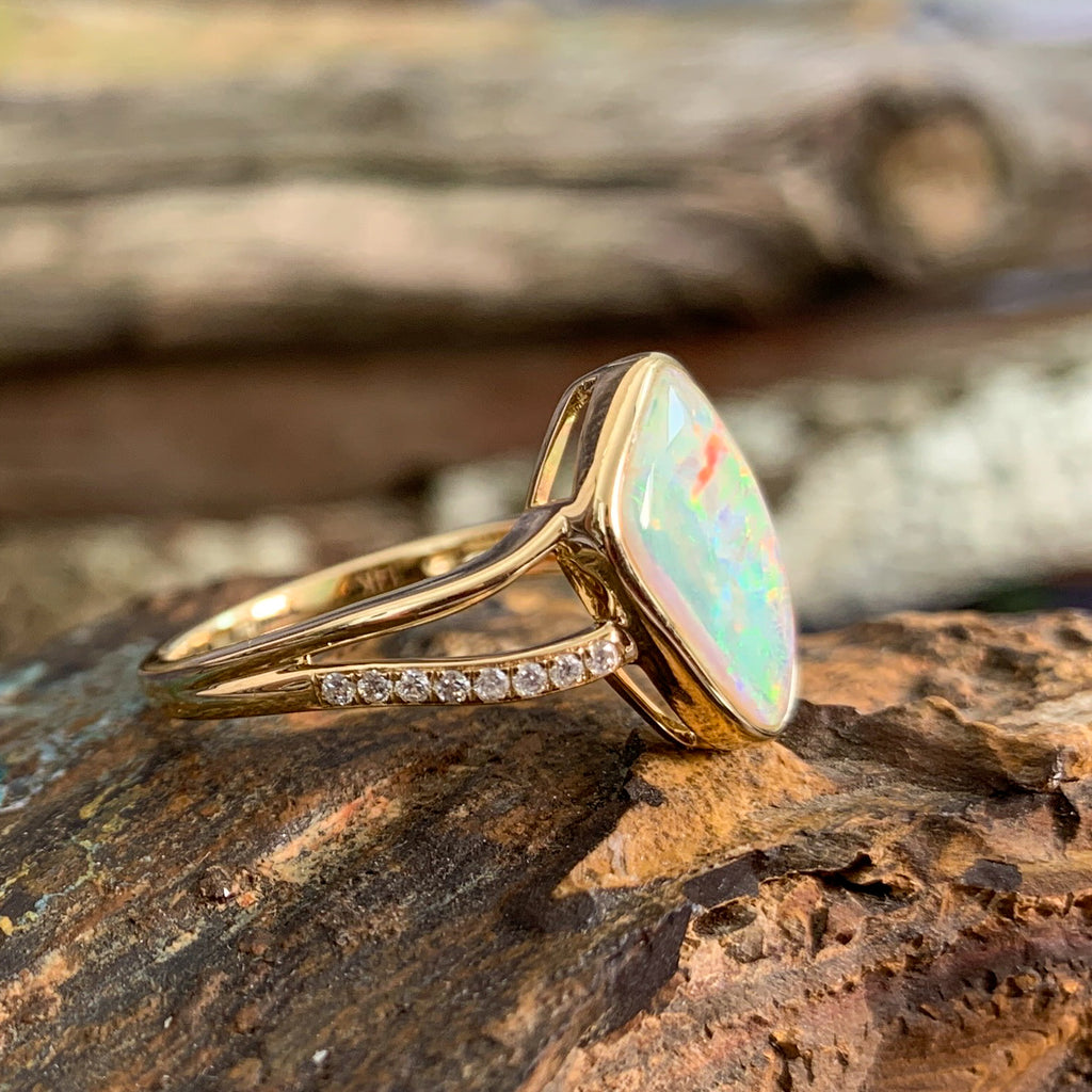 14kt Yellow Gold wave split shank White Opal ring - Masterpiece Jewellery Opal & Gems Sydney Australia | Online Shop