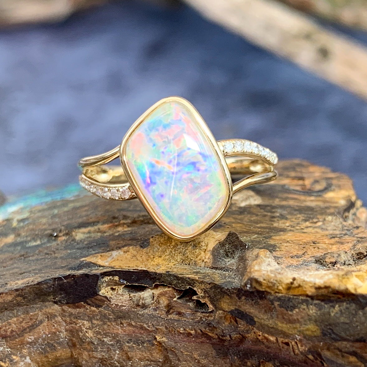 14kt Yellow Gold wave split shank White Opal ring - Masterpiece Jewellery Opal & Gems Sydney Australia | Online Shop