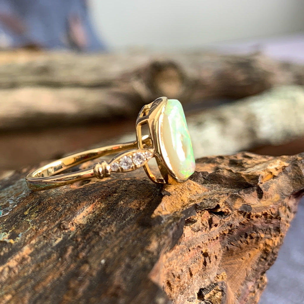 14kt Yellow Gold Light Opal and Diamond ring - Masterpiece Jewellery Opal & Gems Sydney Australia | Online Shop