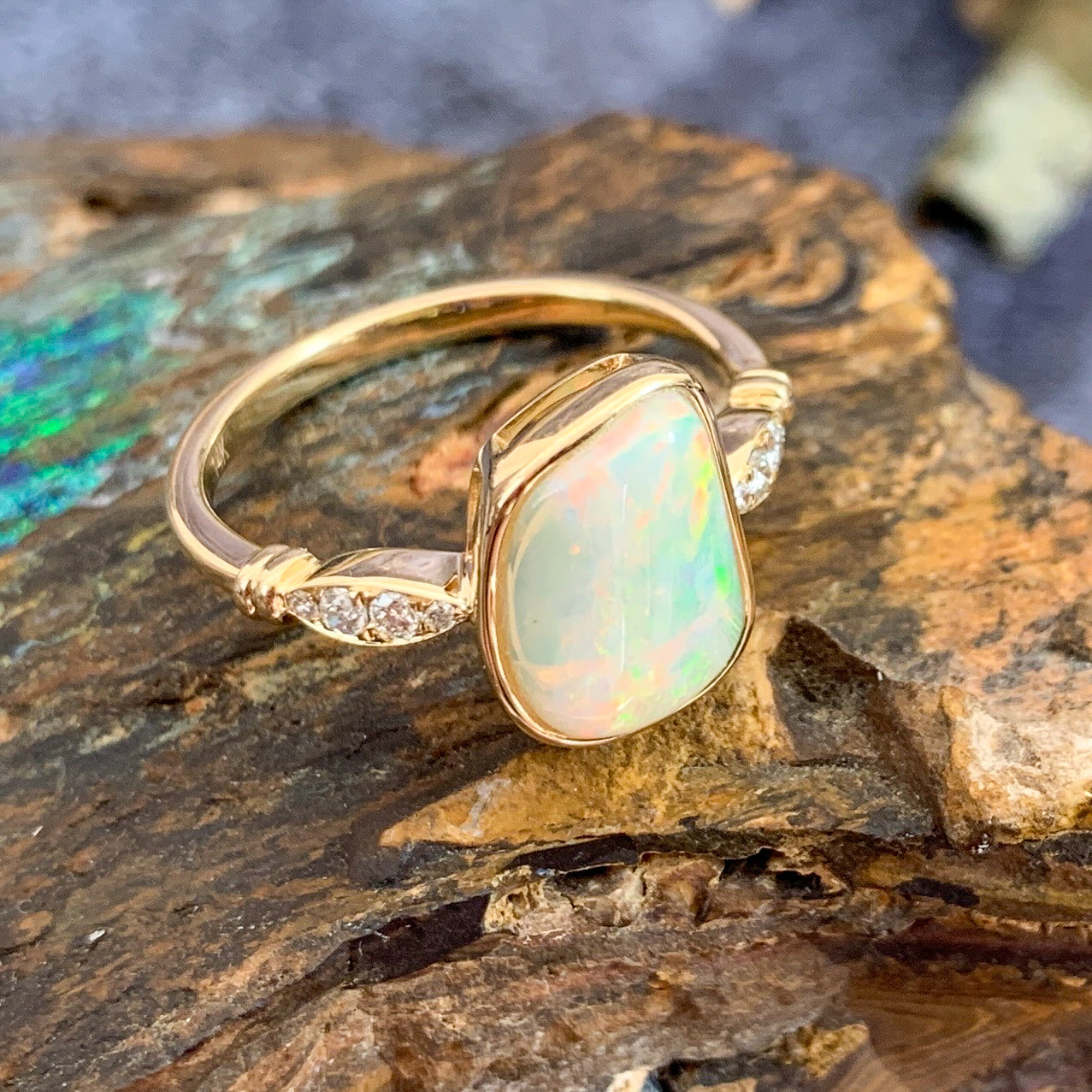 14kt Yellow Gold Light Opal and Diamond ring - Masterpiece Jewellery Opal & Gems Sydney Australia | Online Shop