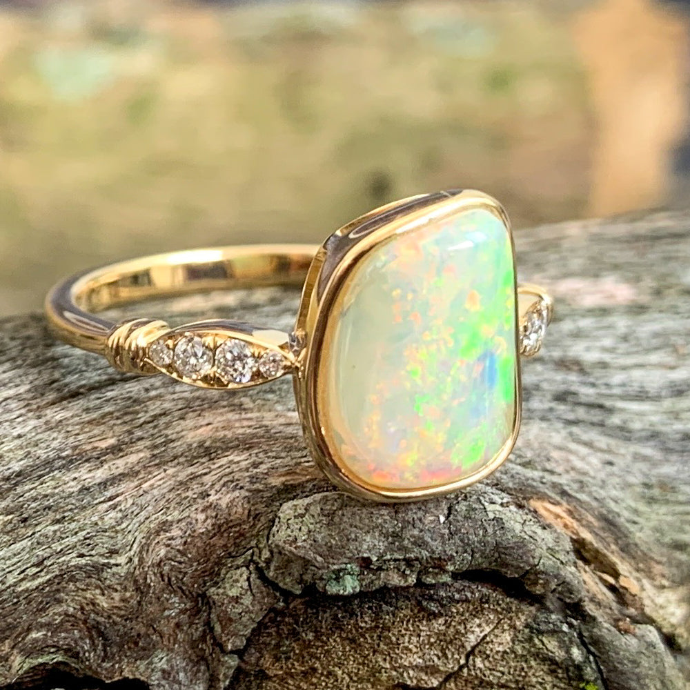 14kt Yellow Gold Light Opal and Diamond ring - Masterpiece Jewellery Opal & Gems Sydney Australia | Online Shop