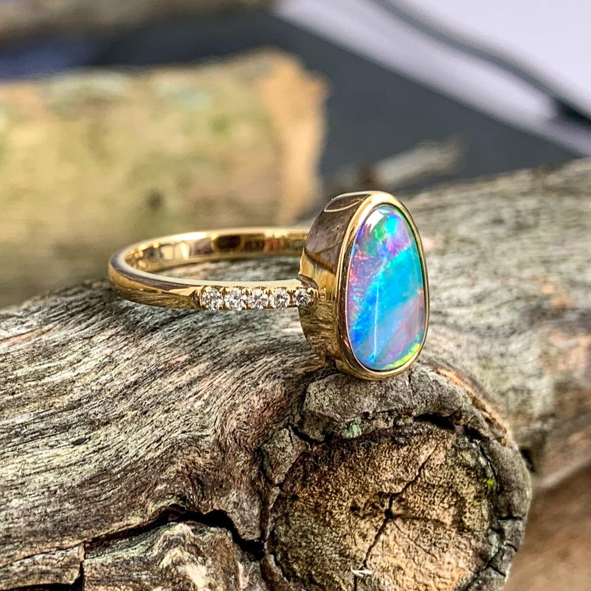 14kt Yellow Gold Opal doublet red green flash and diamond band ring - Masterpiece Jewellery Opal & Gems Sydney Australia | Online Shop