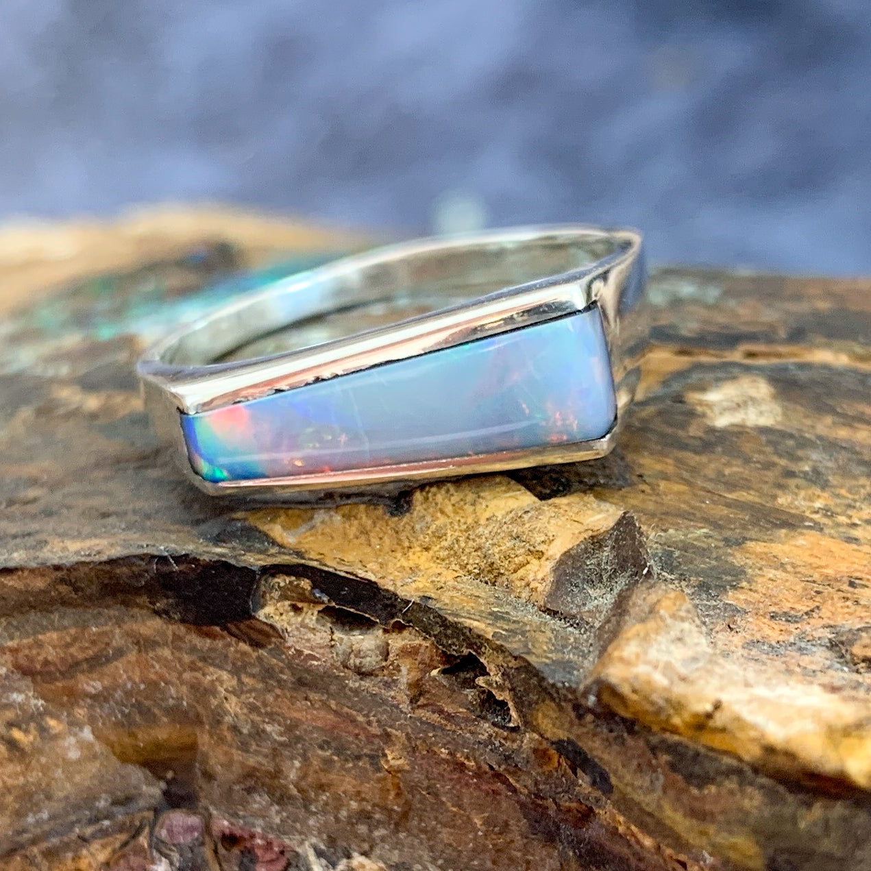Sterling Silver Opal rectangular shape ring - Masterpiece Jewellery Opal & Gems Sydney Australia | Online Shop