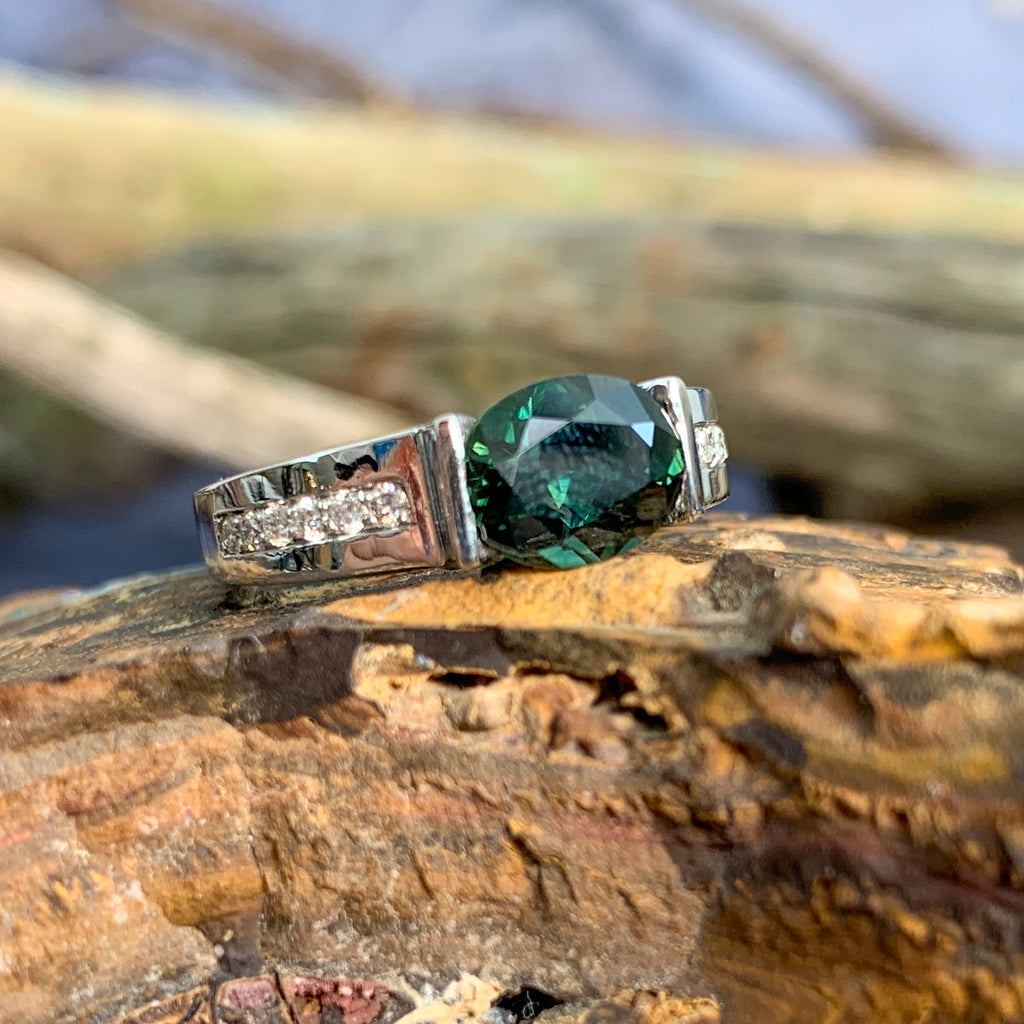 Platinum Australian Teal sapphire and diamond ring - Masterpiece Jewellery Opal & Gems Sydney Australia | Online Shop