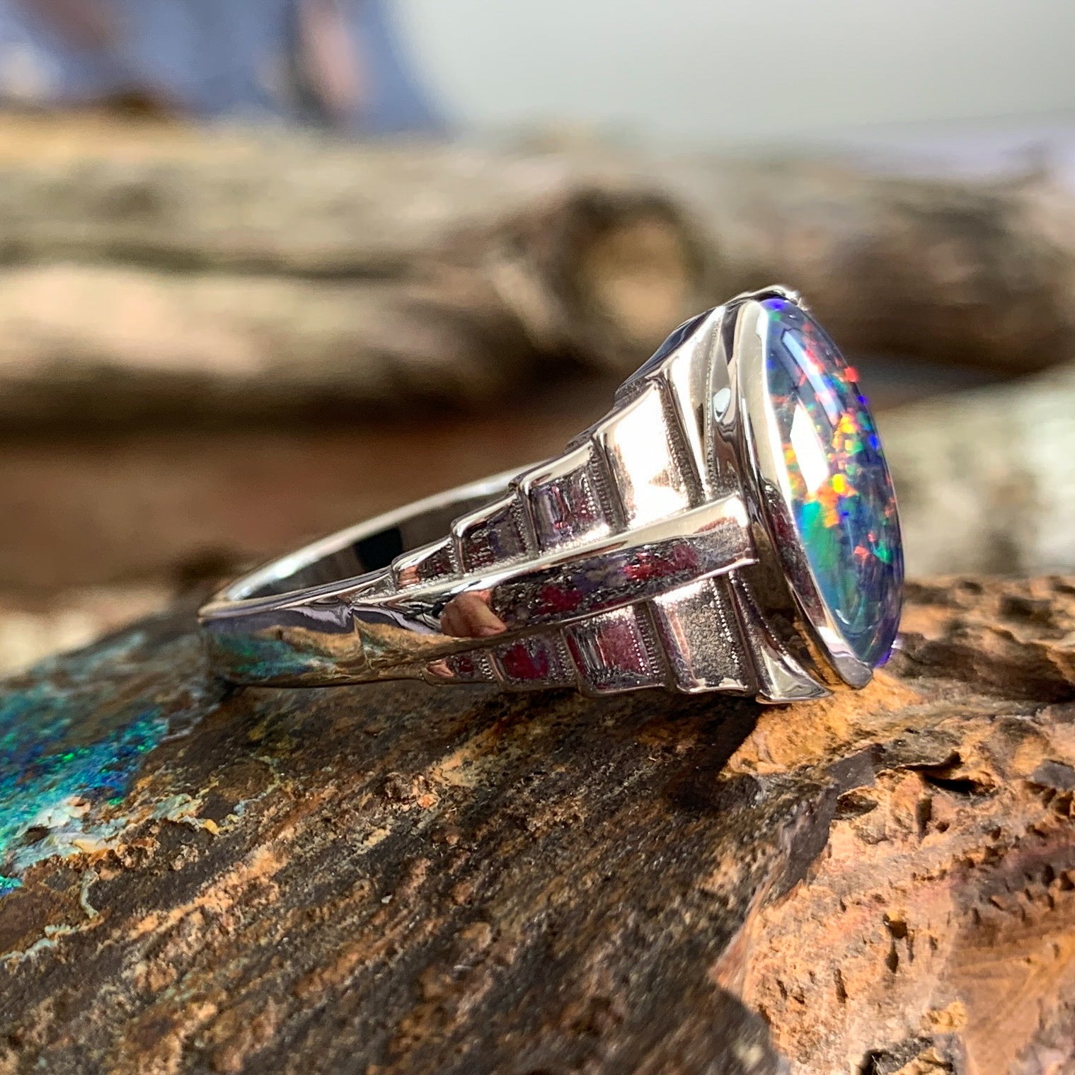 Sterling Silver stepped large ring 14x10mm Opal triplet - Masterpiece Jewellery Opal & Gems Sydney Australia | Online Shop