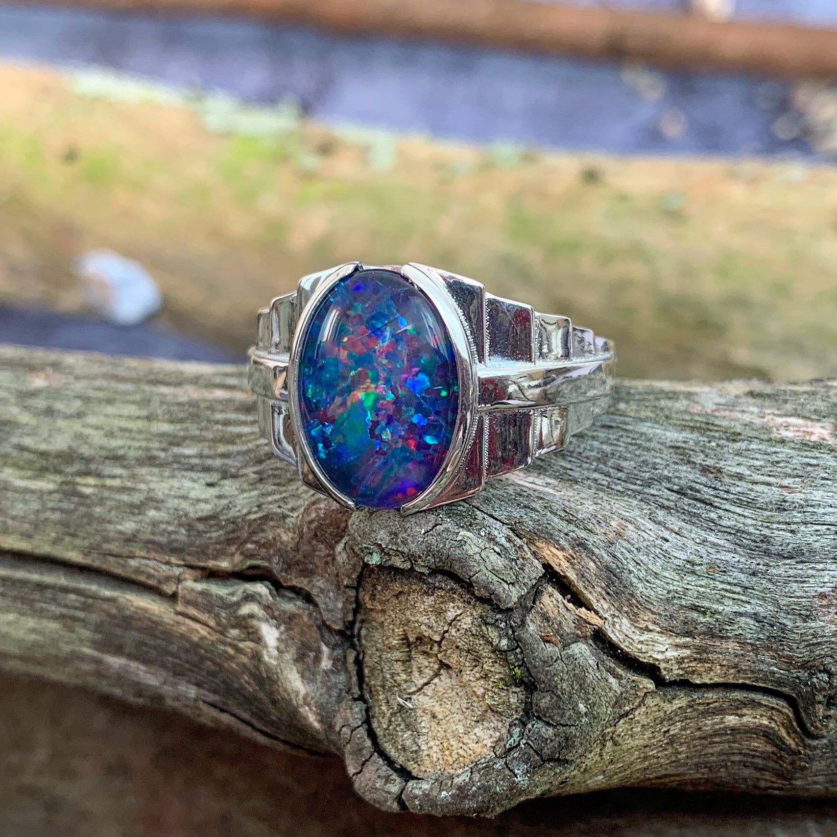 Sterling Silver stepped large ring 14x10mm Opal triplet - Masterpiece Jewellery Opal & Gems Sydney Australia | Online Shop