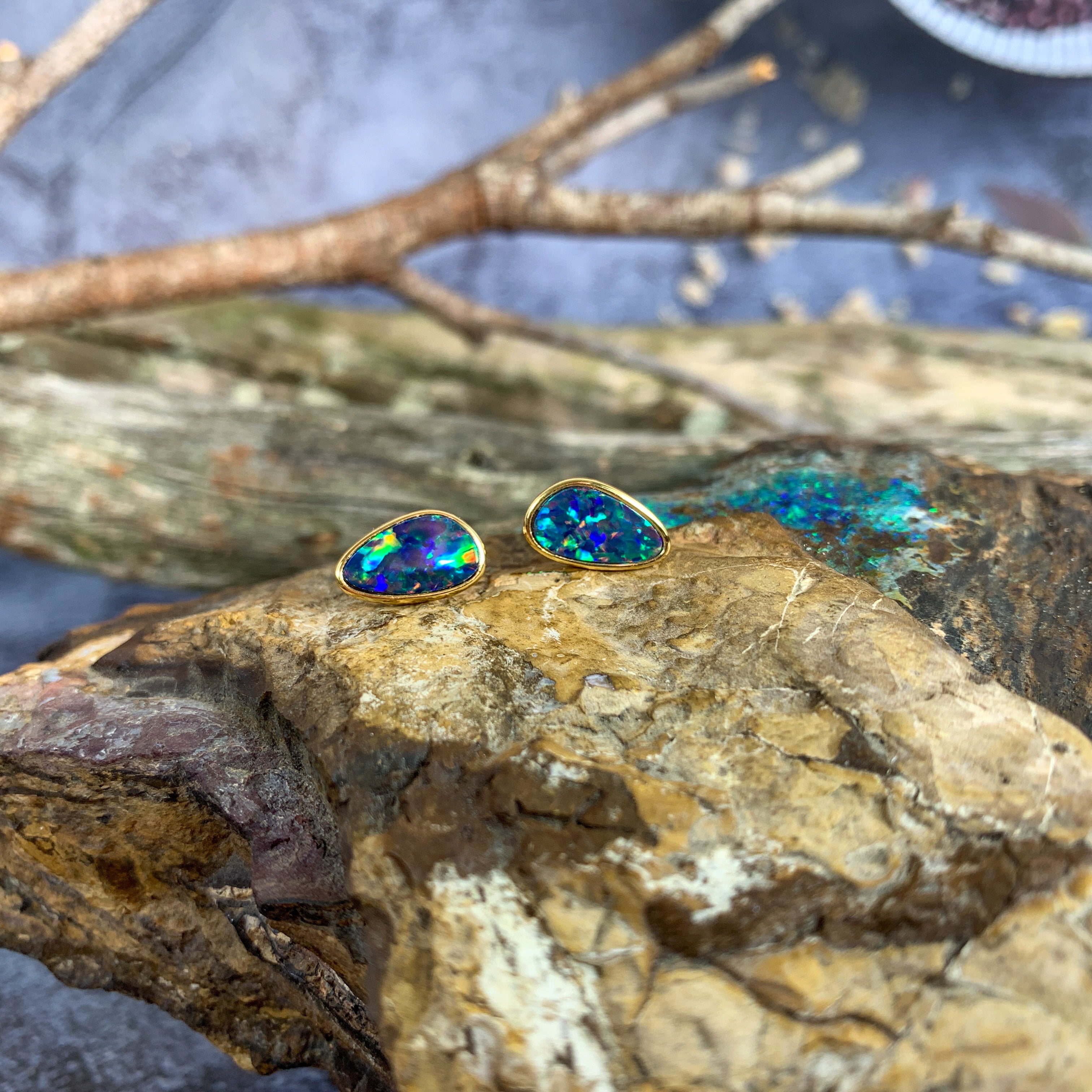 Gold plated silver Opal doublet studs freeform - Masterpiece Jewellery Opal & Gems Sydney Australia | Online Shop