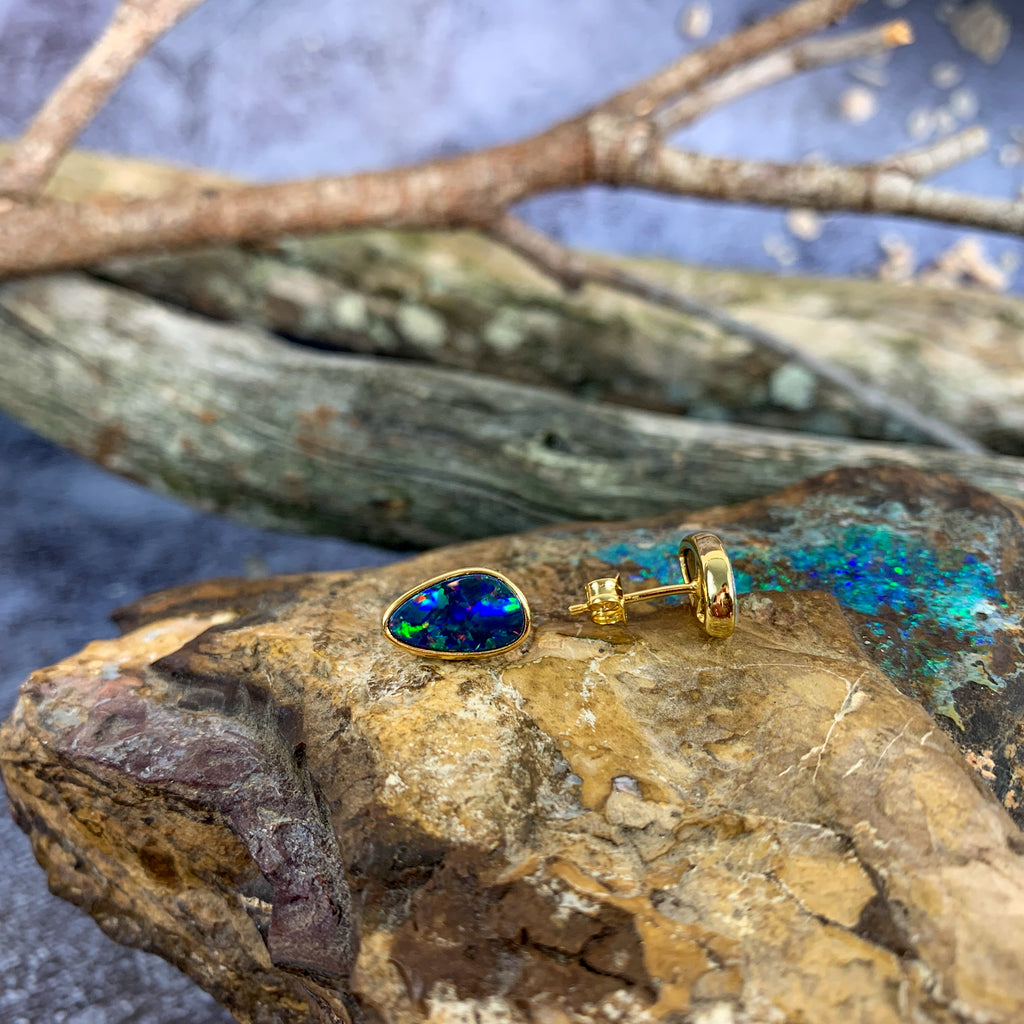 Gold plated silver Opal doublet studs freeform - Masterpiece Jewellery Opal & Gems Sydney Australia | Online Shop