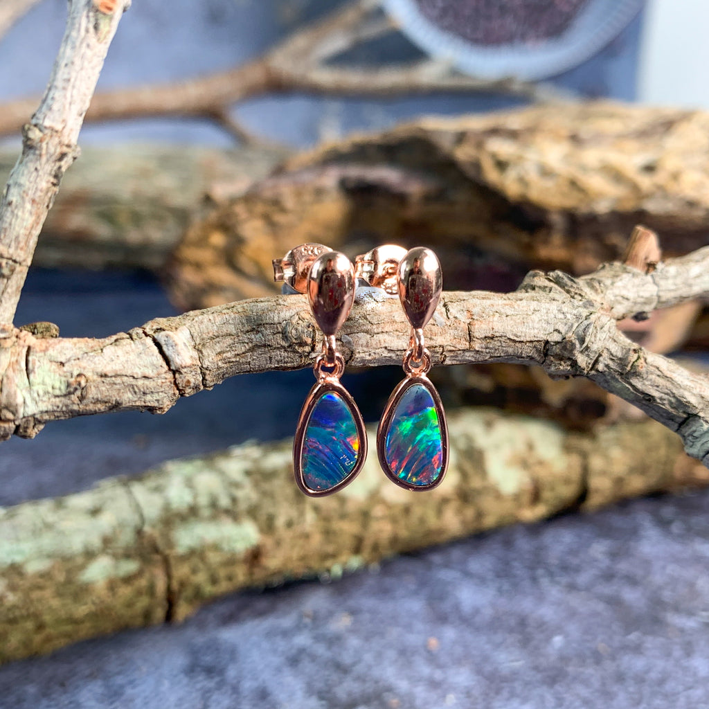 Rose Gold plated silver dangling Fire opal doublets earrings - Masterpiece Jewellery Opal & Gems Sydney Australia | Online Shop