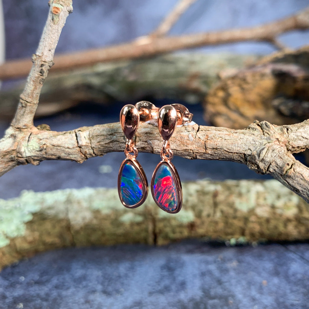 Rose Gold plated silver dangling Fire opal doublets earrings - Masterpiece Jewellery Opal & Gems Sydney Australia | Online Shop