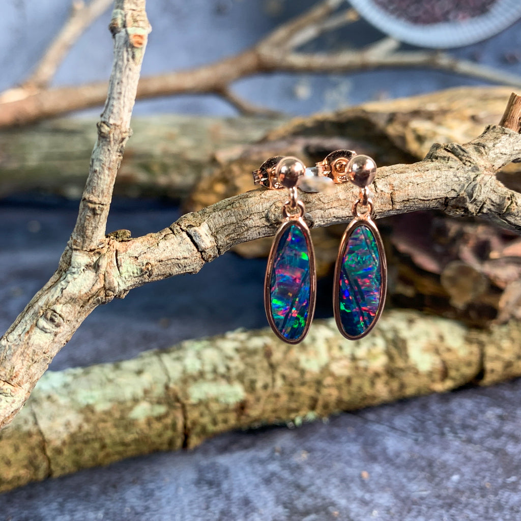 Rose Gold plated sterling silver dangling Opal doublet earrings - Masterpiece Jewellery Opal & Gems Sydney Australia | Online Shop