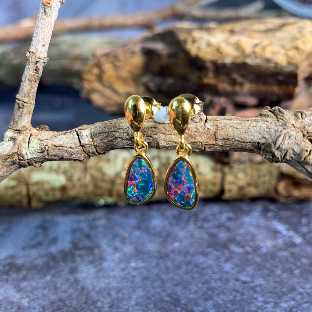 Gold plated Sterling Silver dangling Opal doublet red earrings - Masterpiece Jewellery Opal & Gems Sydney Australia | Online Shop