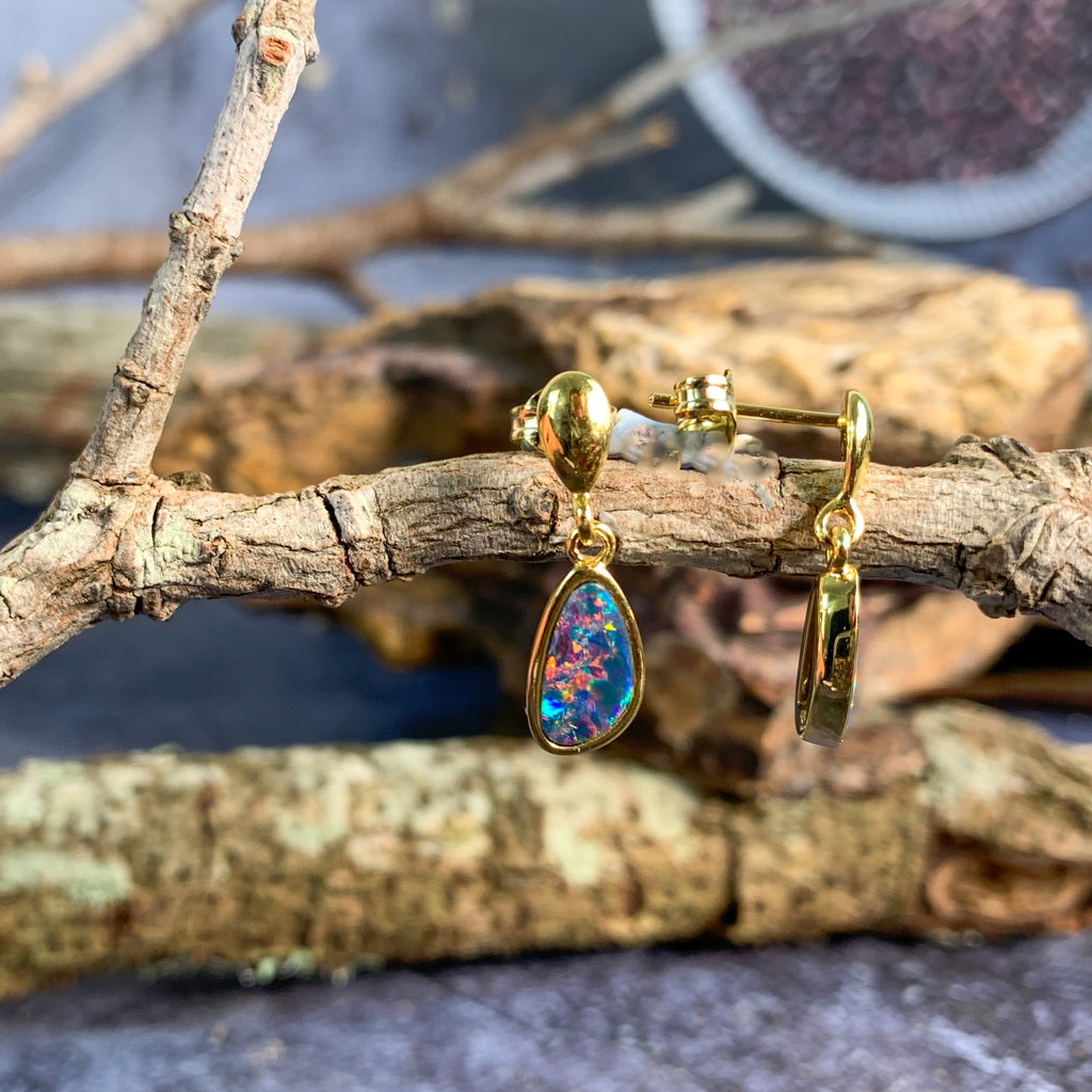 Gold plated Sterling Silver dangling Opal doublet red earrings - Masterpiece Jewellery Opal & Gems Sydney Australia | Online Shop