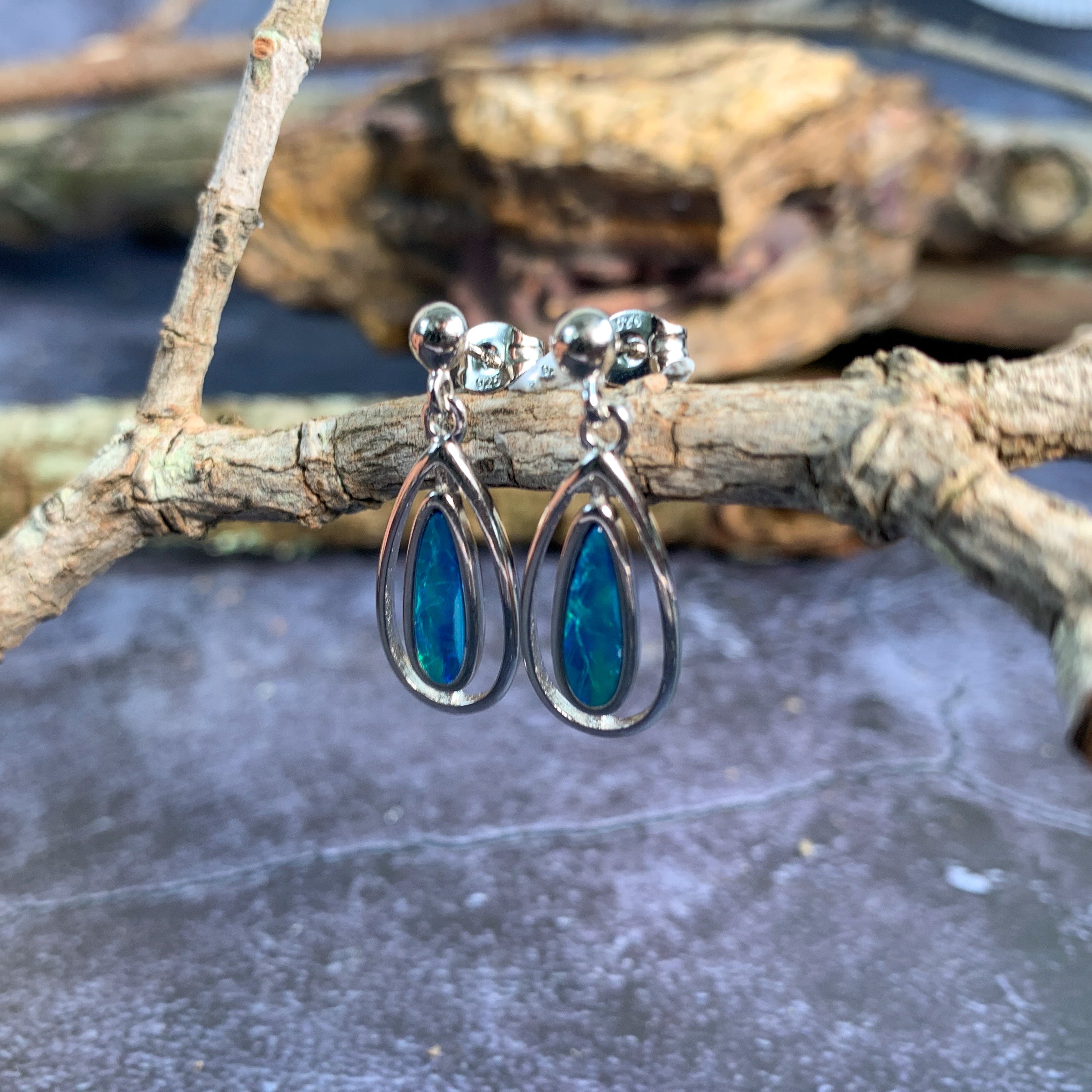 Sterling Silver dangling pear shape green blue opal earrings - Masterpiece Jewellery Opal & Gems Sydney Australia | Online Shop