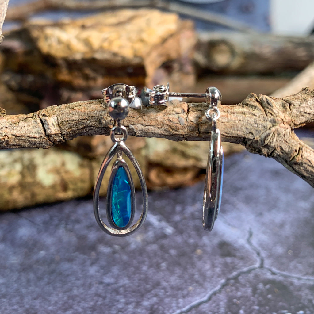 Sterling Silver dangling pear shape green blue opal earrings - Masterpiece Jewellery Opal & Gems Sydney Australia | Online Shop
