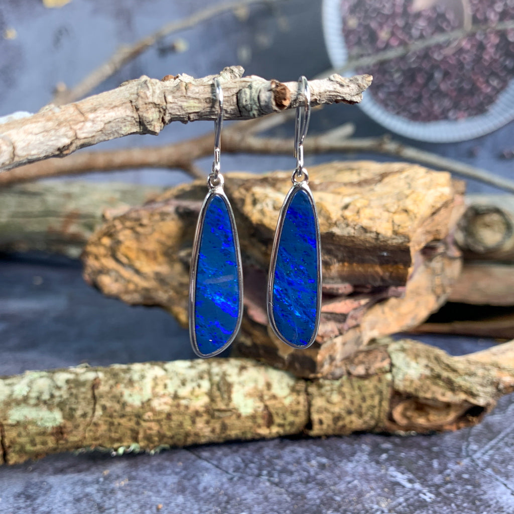 Sterling Silver long dangling Blue Opal doublet earrings - Masterpiece Jewellery Opal & Gems Sydney Australia | Online Shop