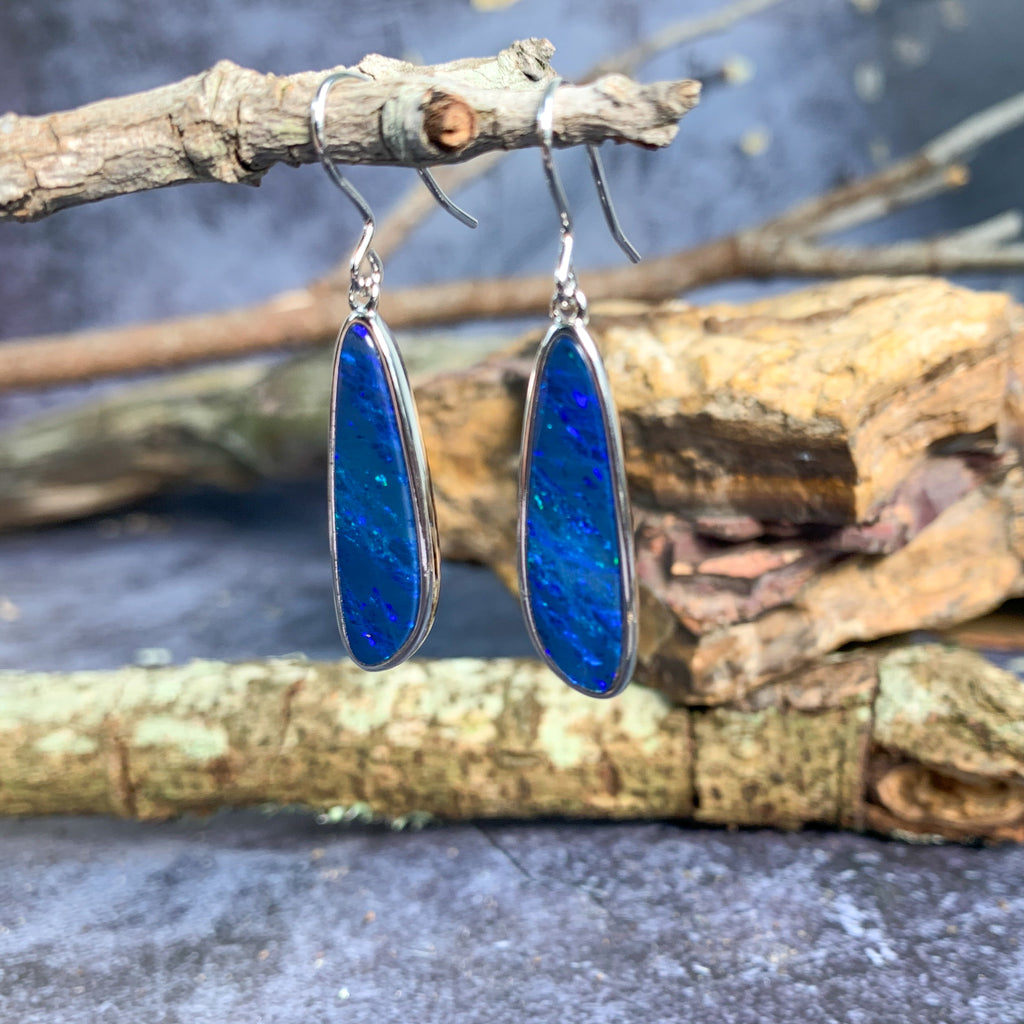 Sterling Silver long dangling Blue Opal doublet earrings - Masterpiece Jewellery Opal & Gems Sydney Australia | Online Shop