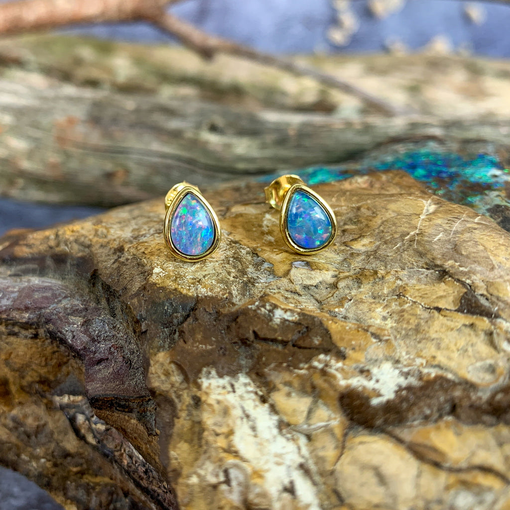 Gold plated Silver pair of earrings teardrop 8x5mm Opal triplet studs - Masterpiece Jewellery Opal & Gems Sydney Australia | Online Shop