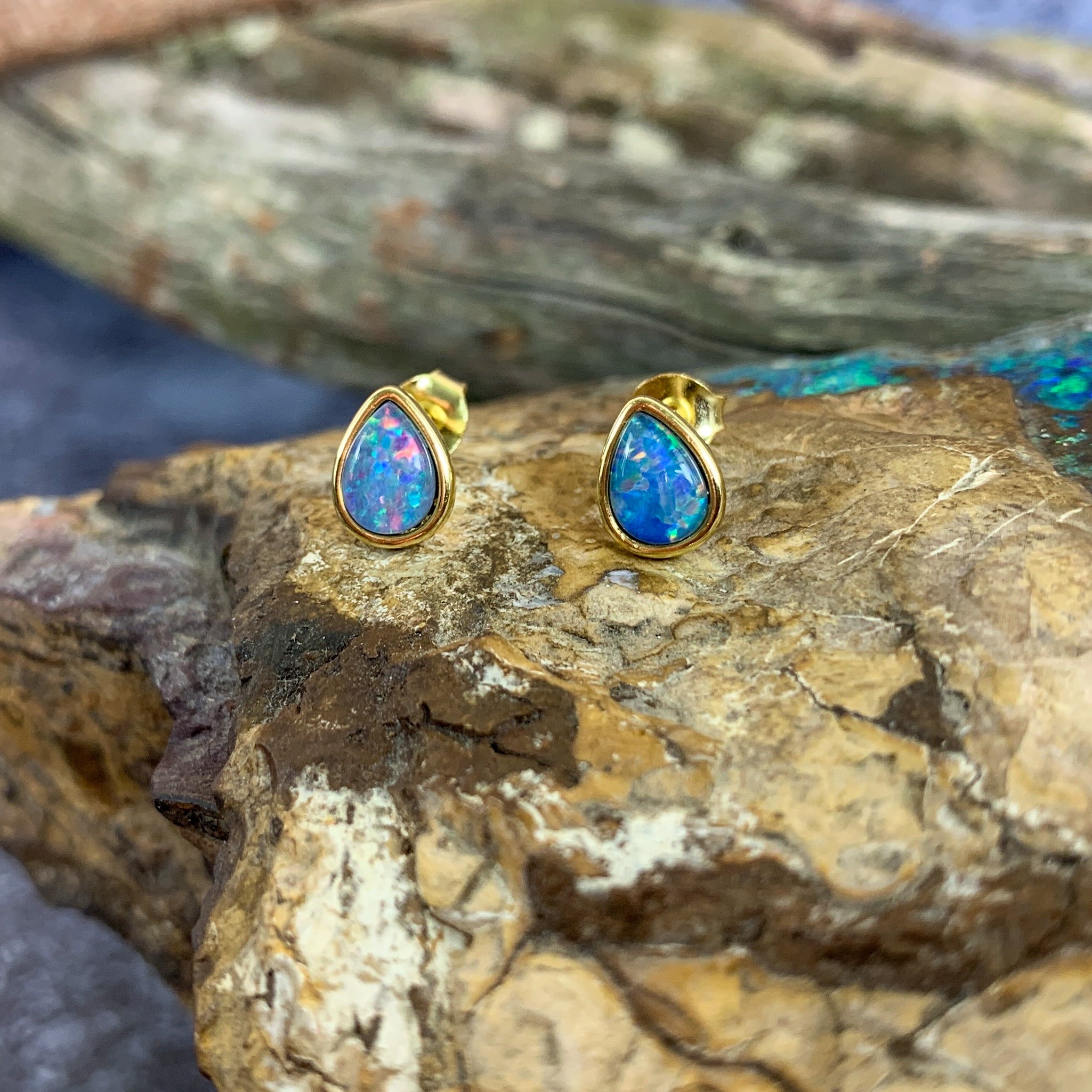 Gold plated Silver pair of earrings teardrop 8x5mm Opal triplet studs - Masterpiece Jewellery Opal & Gems Sydney Australia | Online Shop