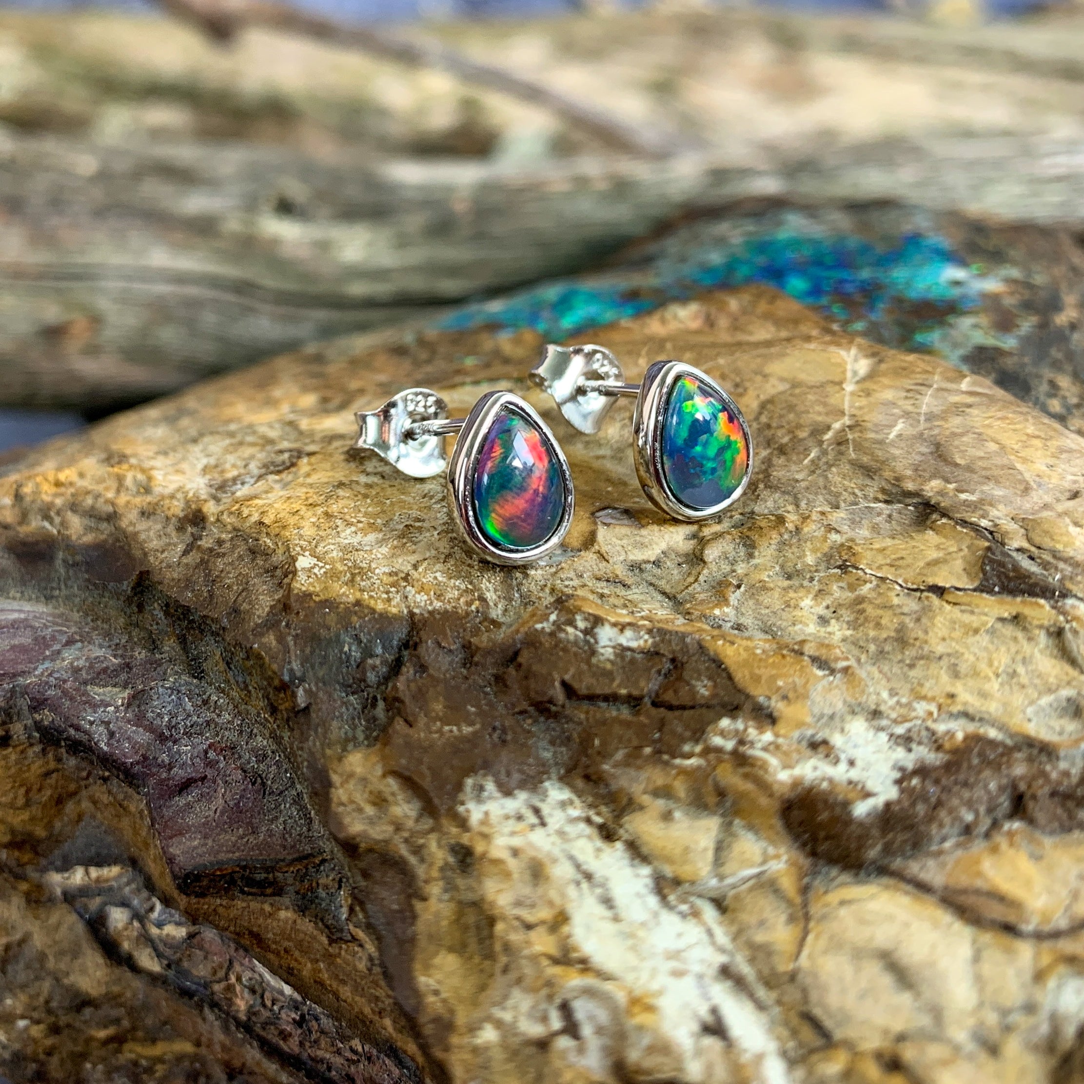 Sterling Silver pair of teardrop studs 8x5mm Opal triplet - Masterpiece Jewellery Opal & Gems Sydney Australia | Online Shop