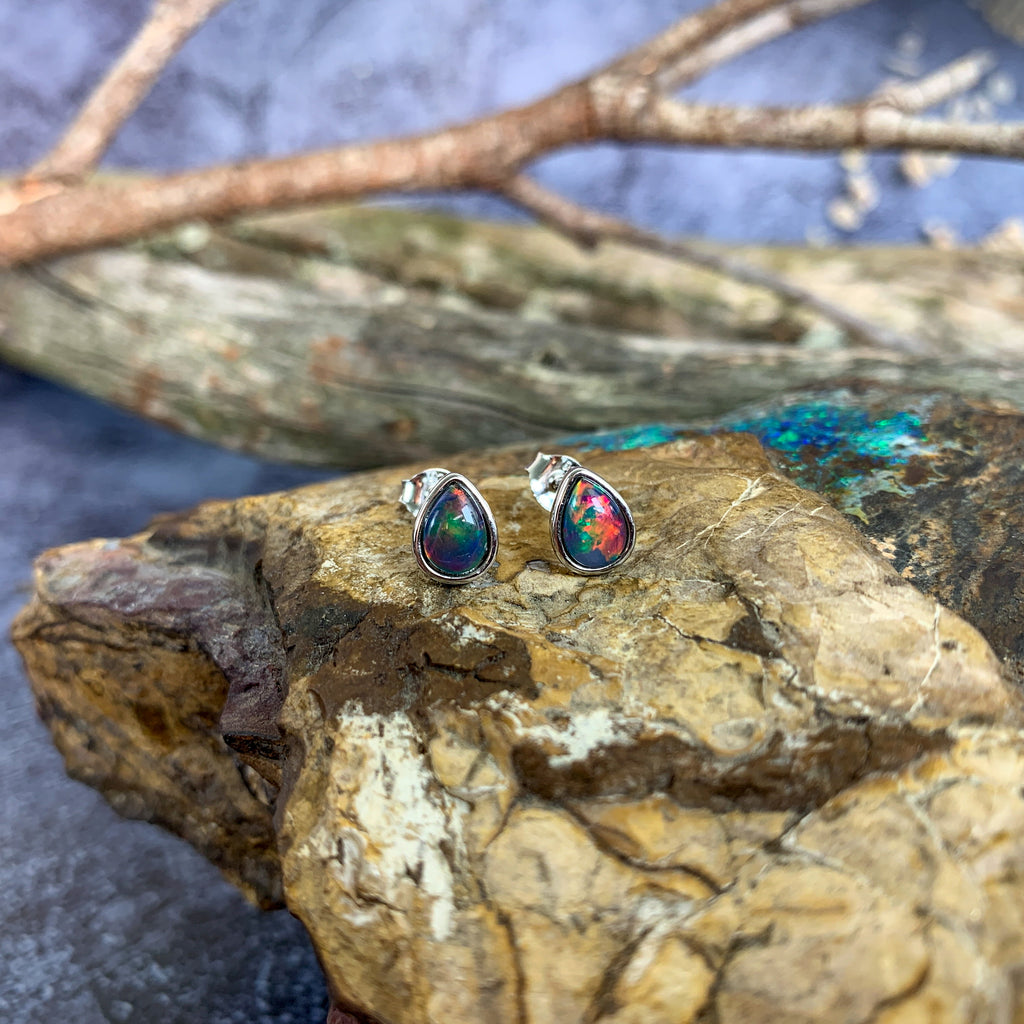 Sterling Silver pair of teardrop studs 8x5mm Opal triplet - Masterpiece Jewellery Opal & Gems Sydney Australia | Online Shop
