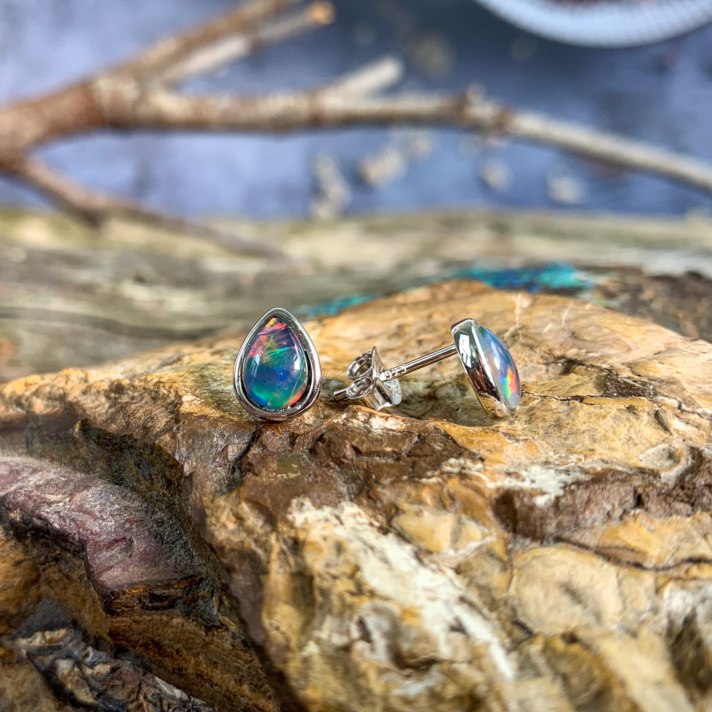 Sterling Silver pair of teardrop studs 8x5mm Opal triplet - Masterpiece Jewellery Opal & Gems Sydney Australia | Online Shop