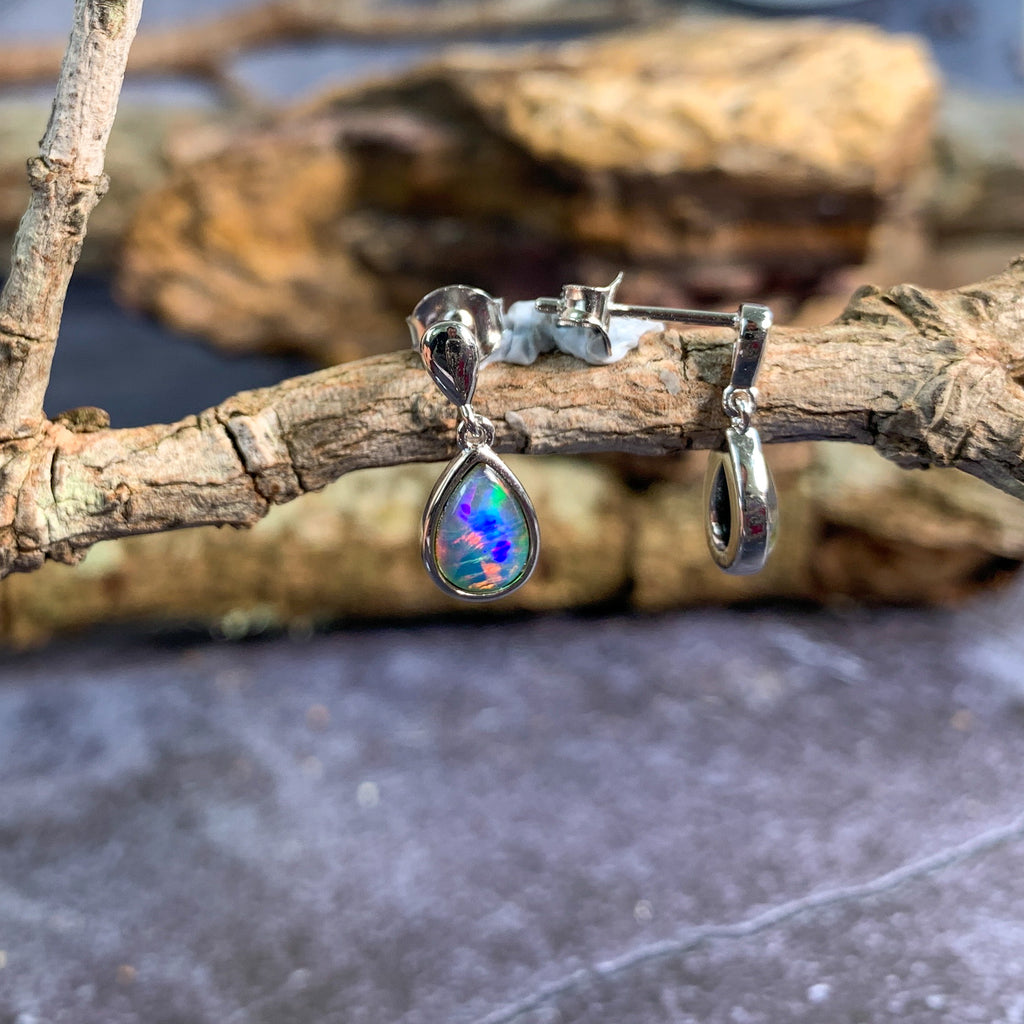 Sterling Silver dangling pear shape 8x5mm earrings Opal triplet - Masterpiece Jewellery Opal & Gems Sydney Australia | Online Shop